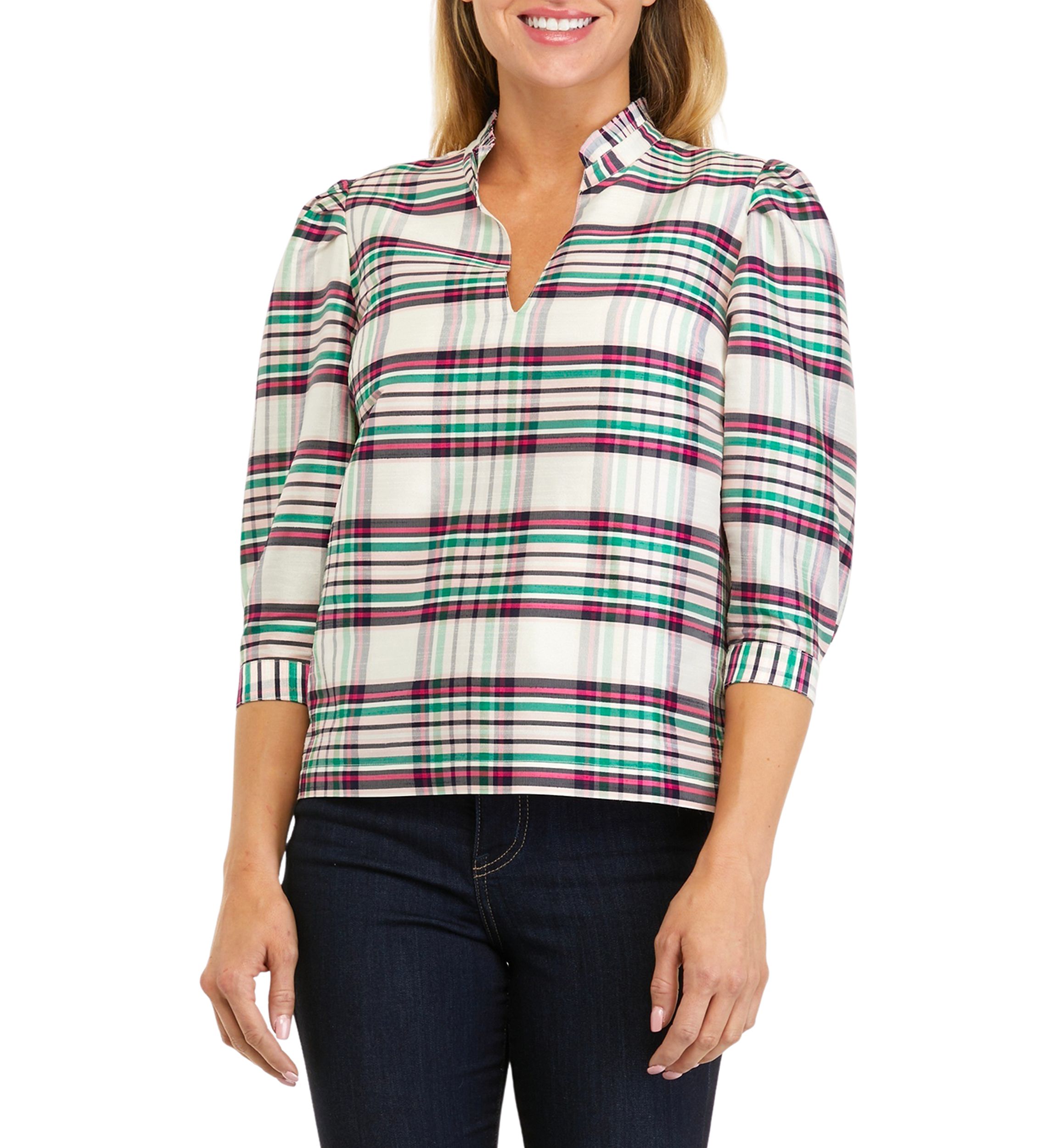 Petite 3/4 Sleeve Ruffle Neck Top 