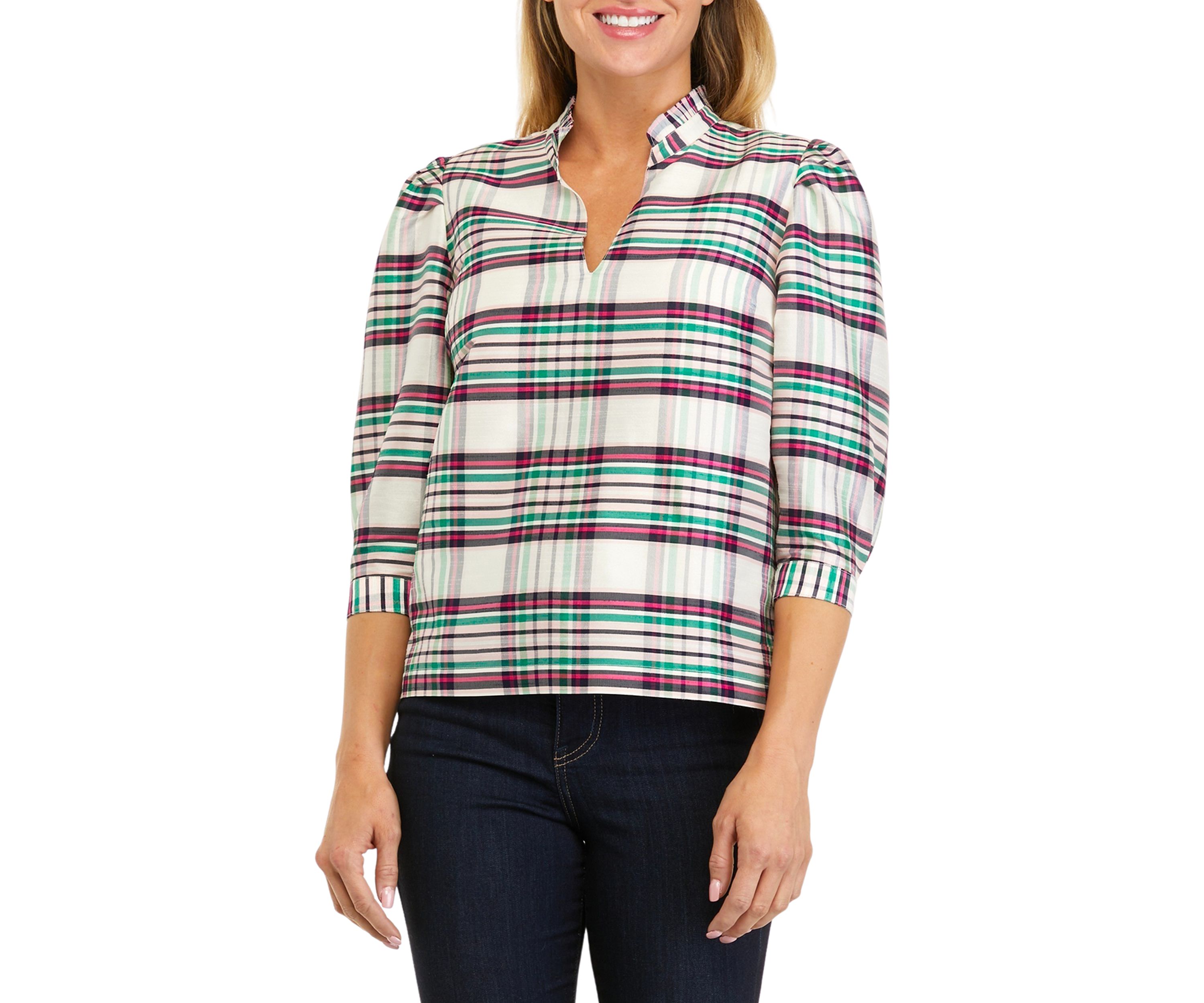 Petite 3/4 Sleeve Ruffle Neck Top 