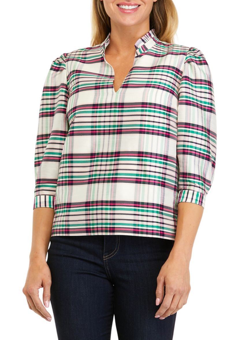 Petite 3/4 Sleeve Ruffle Neck Top 