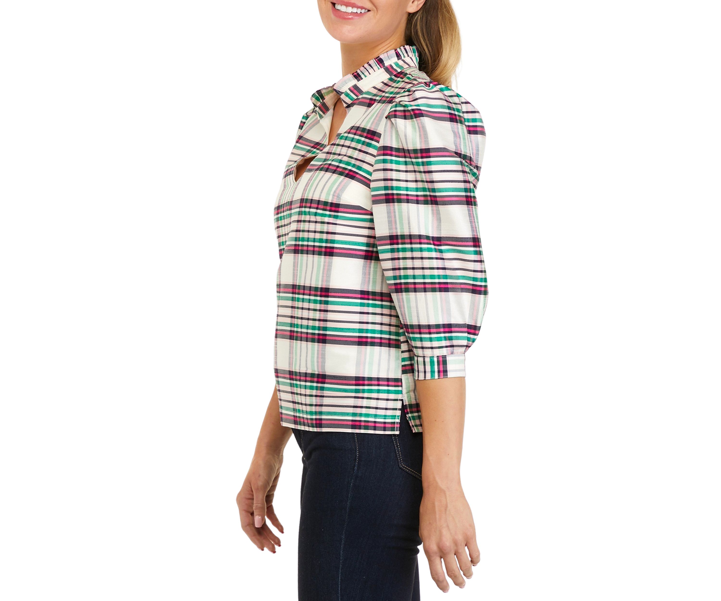 Petite 3/4 Sleeve Ruffle Neck Top 