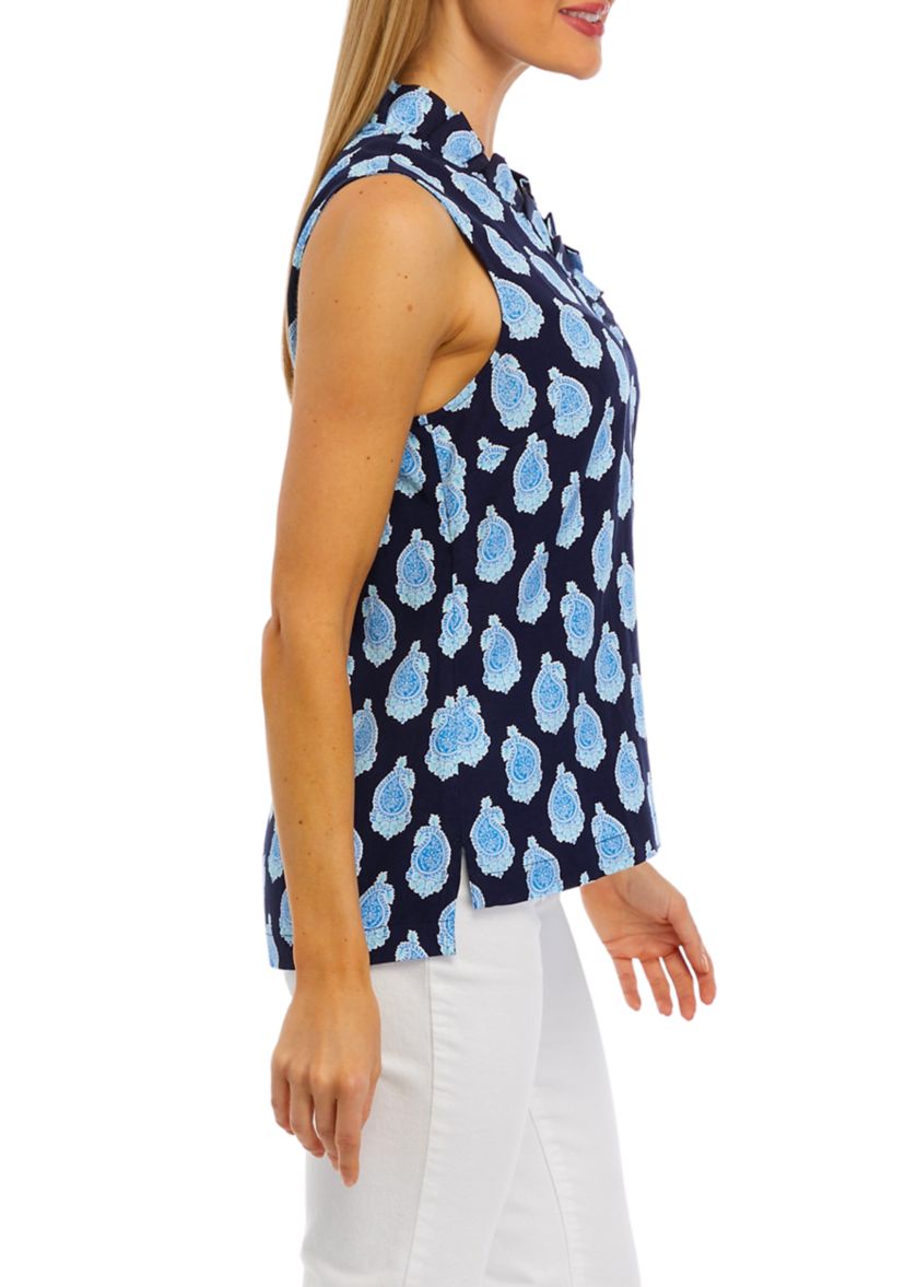 Petite Sleeveless Ruffle Neck Printed Top