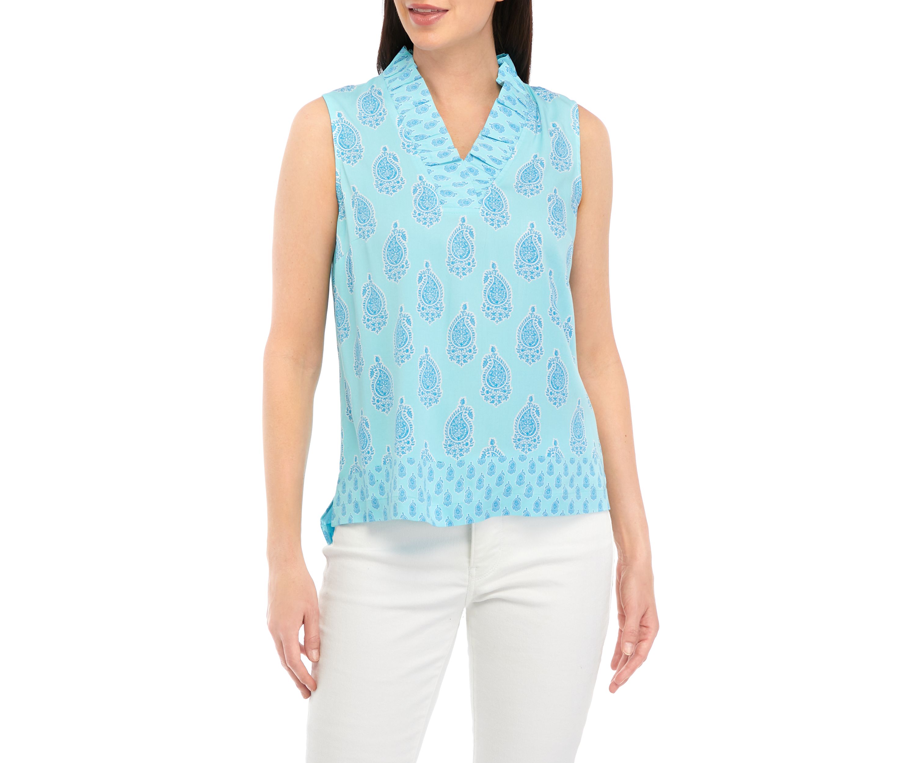 Petite Sleeveless Ruffle Neck Printed Top