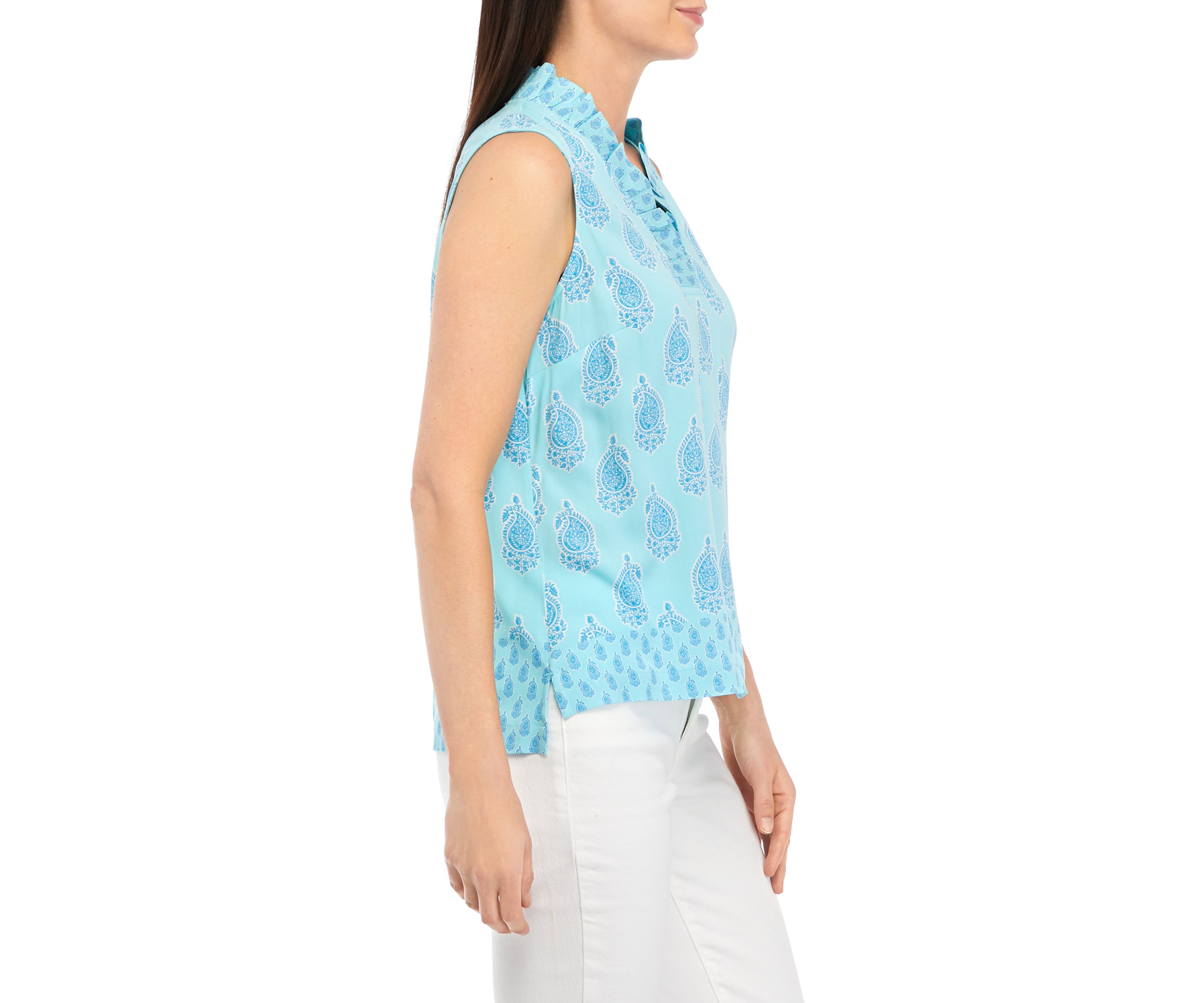 Petite Sleeveless Ruffle Neck Printed Top