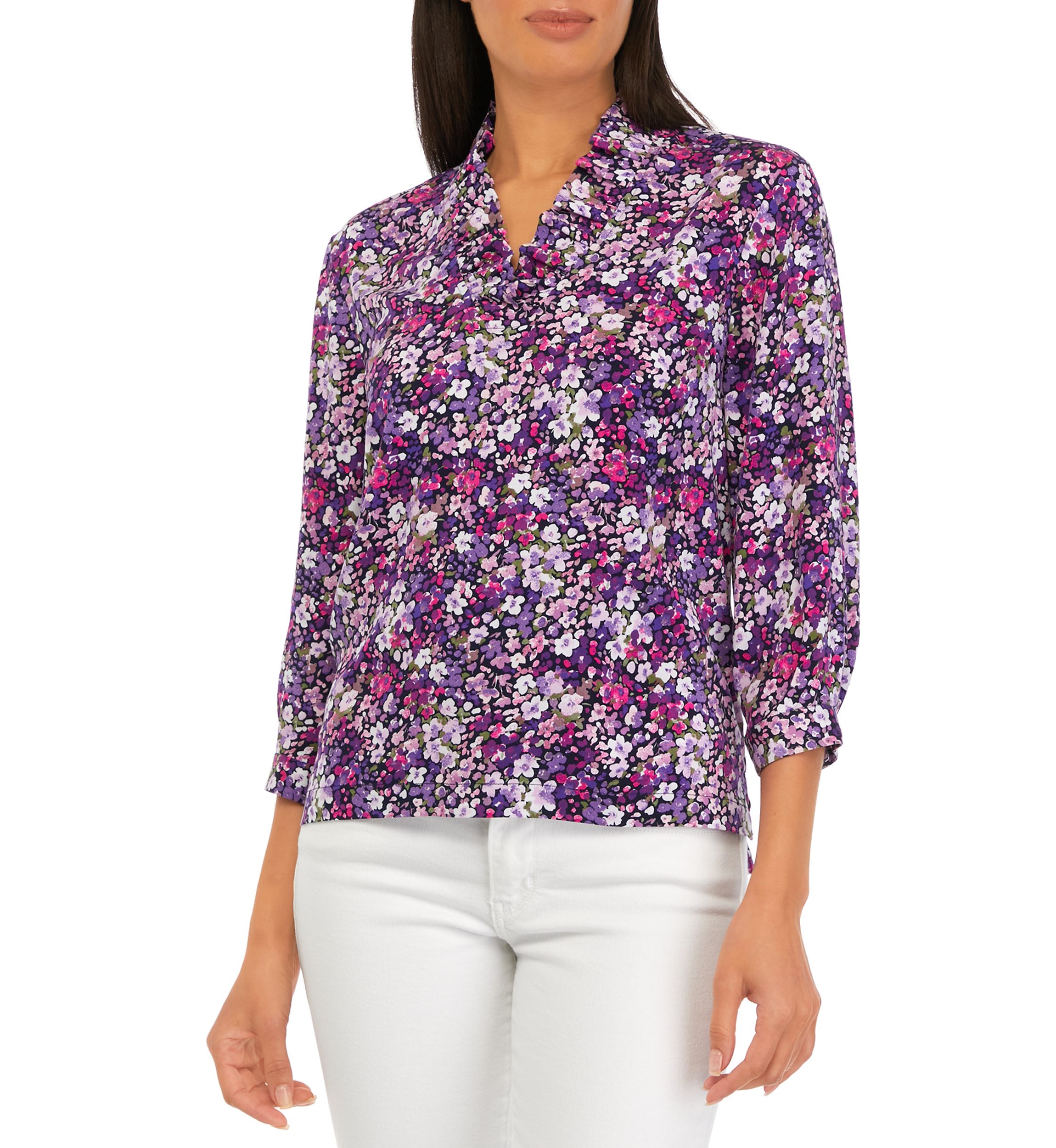 Petite 3/4 Sleeve Ruffle Neck Printed Top