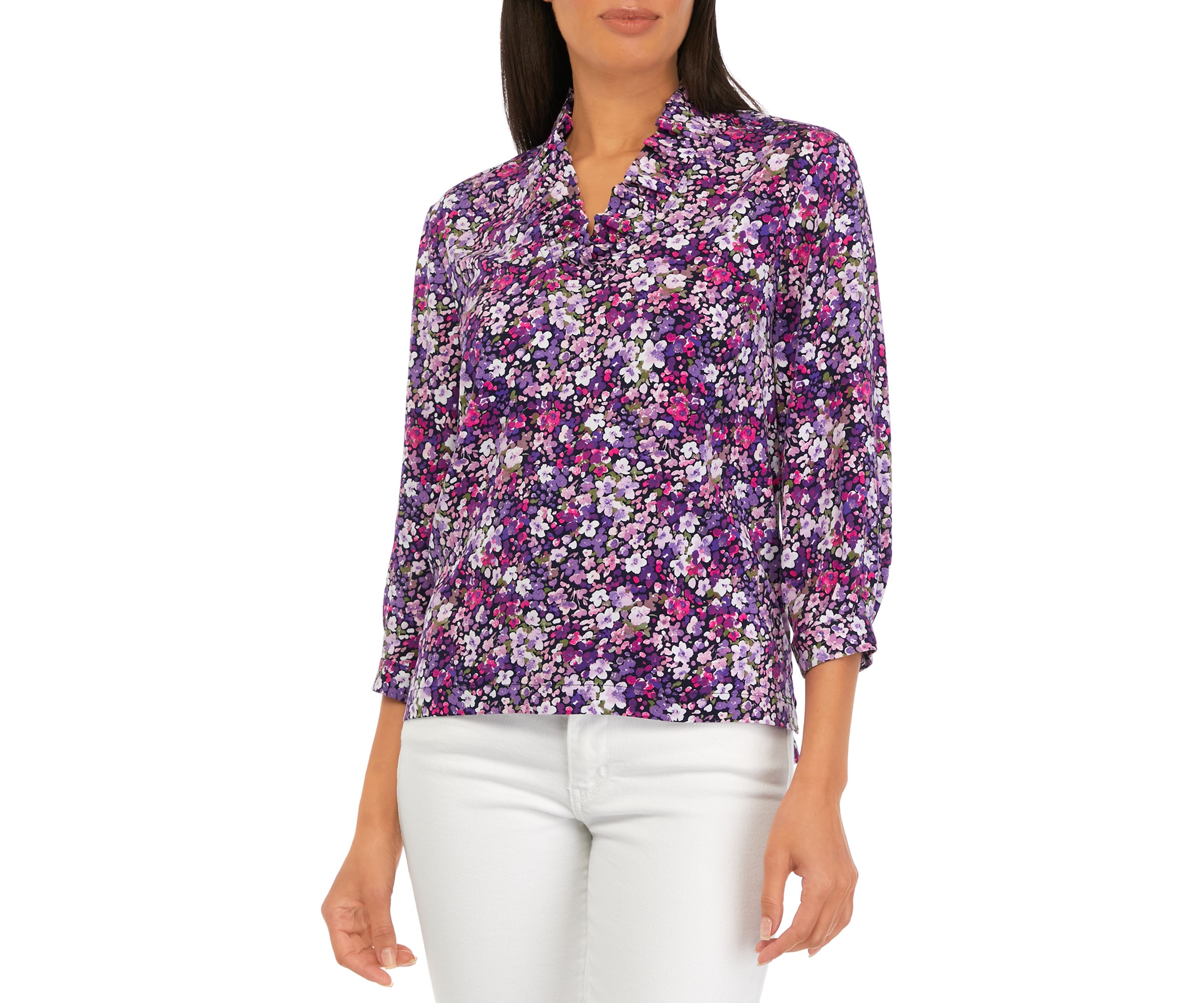 Petite 3/4 Sleeve Ruffle Neck Printed Top