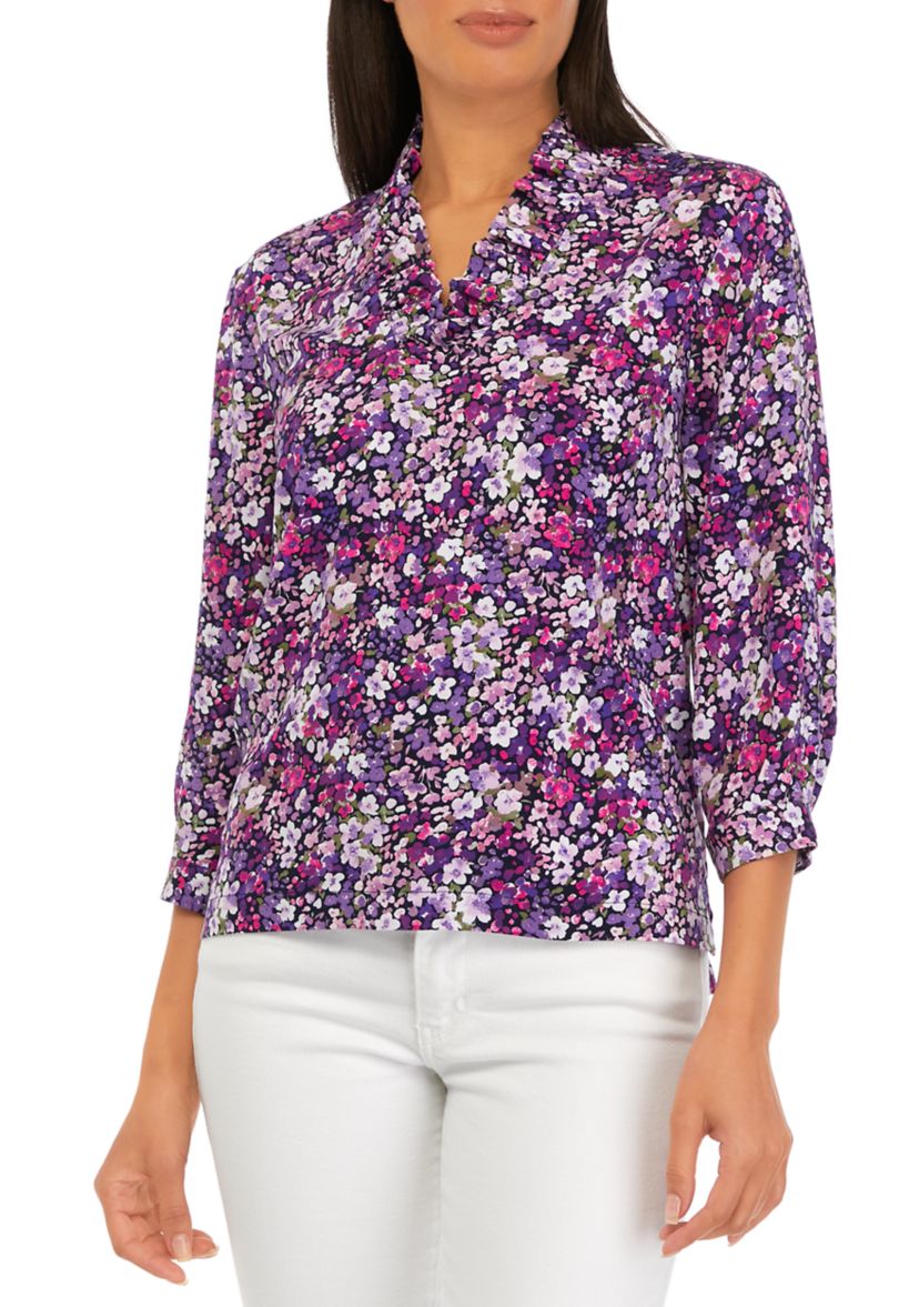 Petite 3/4 Sleeve Ruffle Neck Printed Top