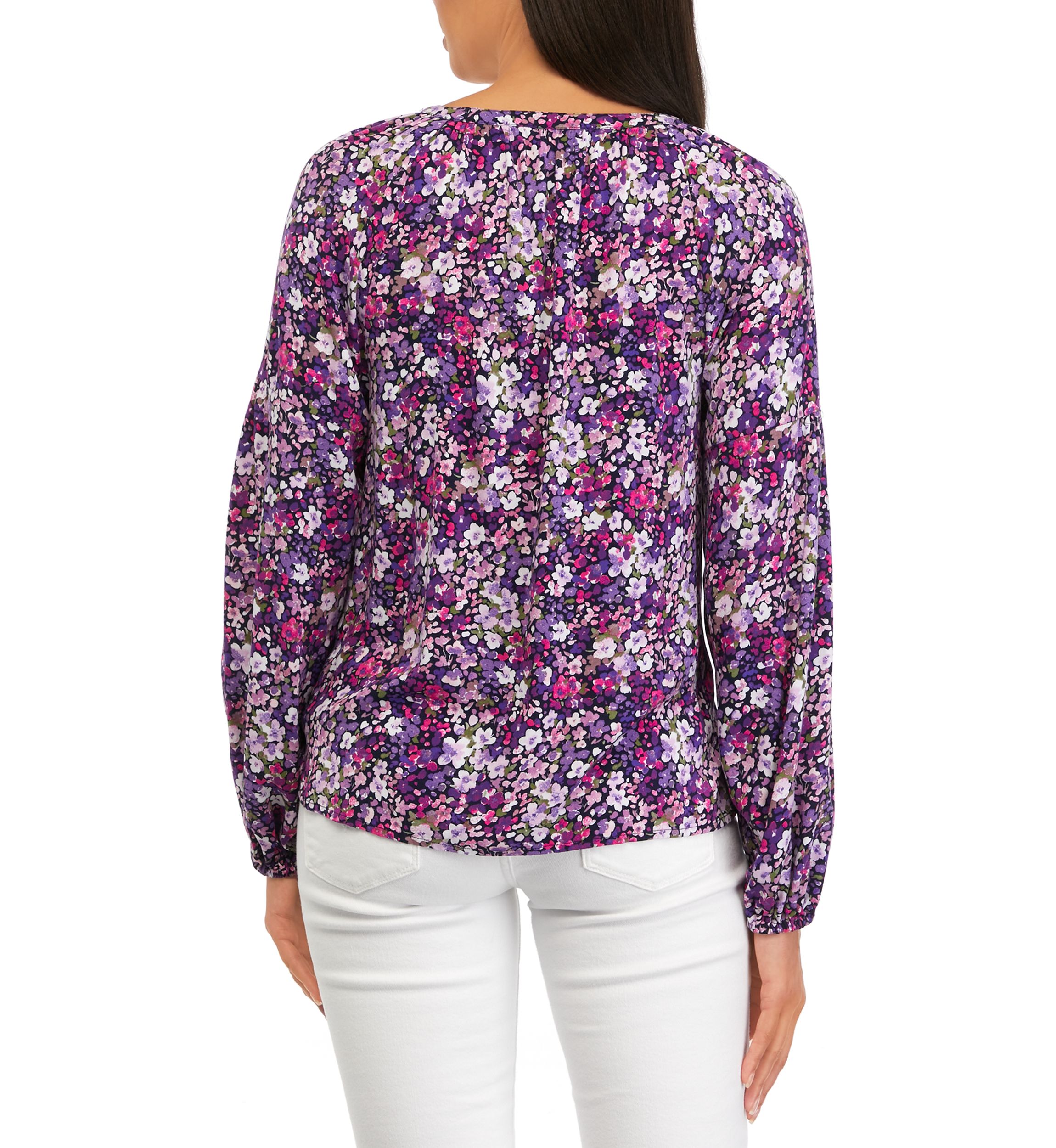 Petite 3/4 Sleeve Ruffle Neck Printed Top