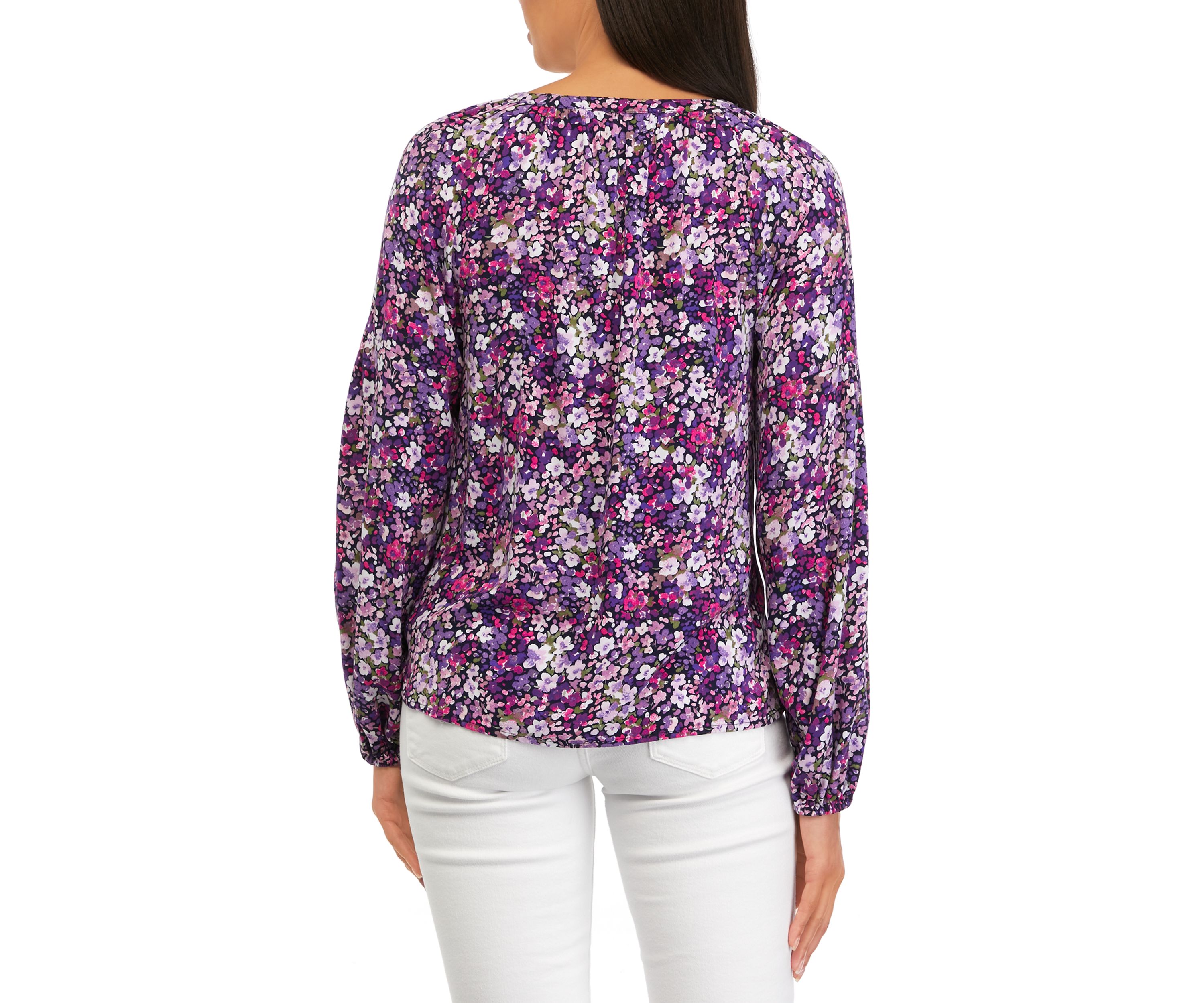 Petite 3/4 Sleeve Ruffle Neck Printed Top