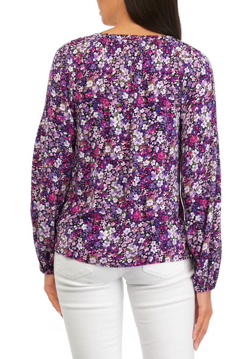 Petite 3/4 Sleeve Ruffle Neck Printed Top