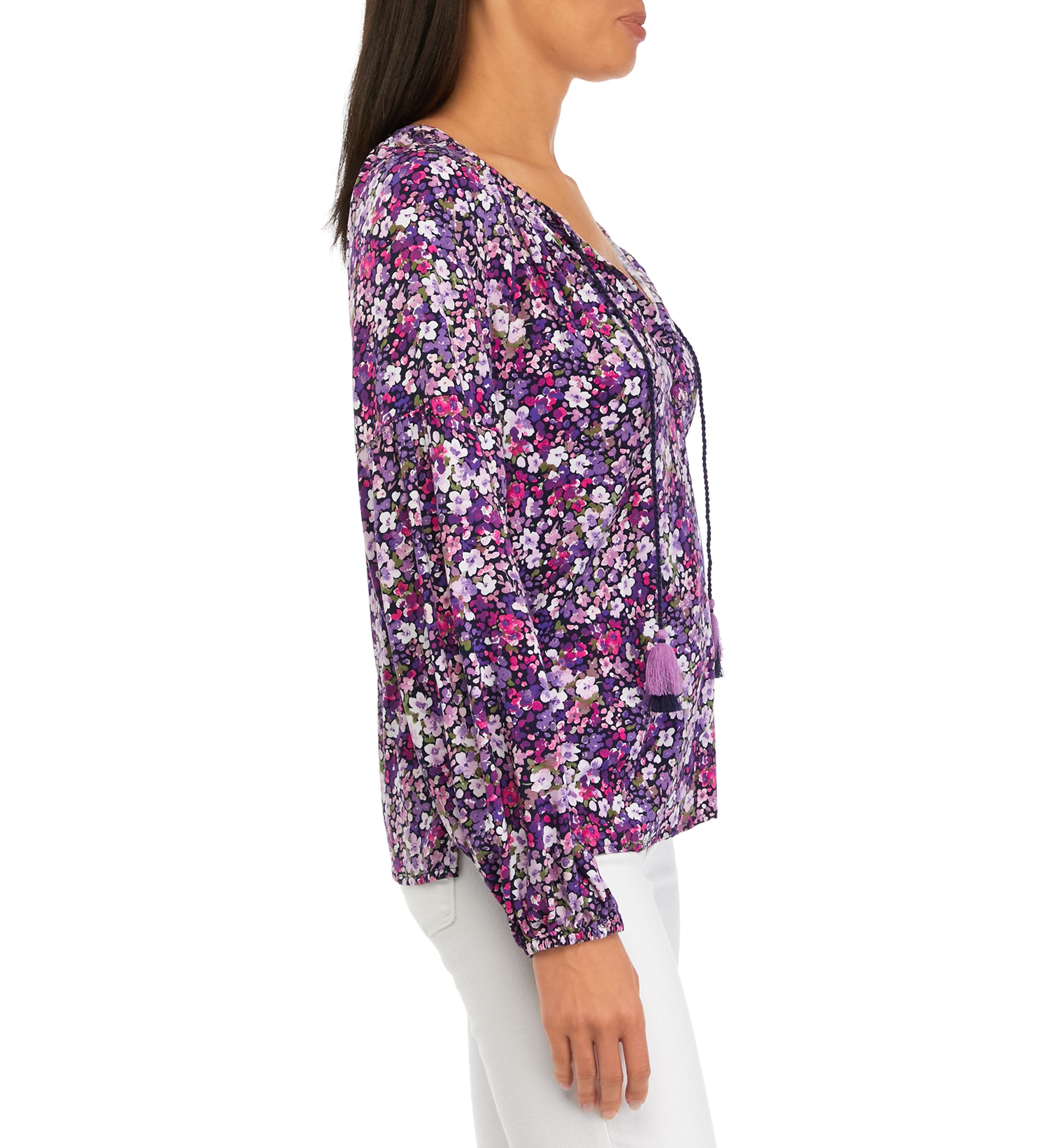 Petite 3/4 Sleeve Ruffle Neck Printed Top