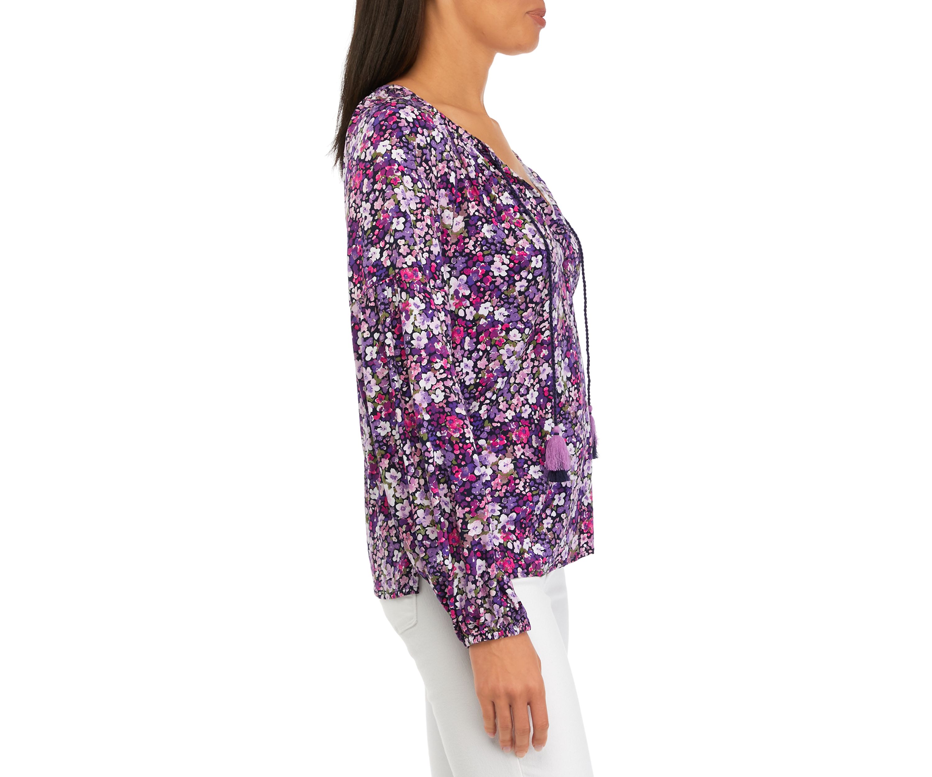Petite 3/4 Sleeve Ruffle Neck Printed Top