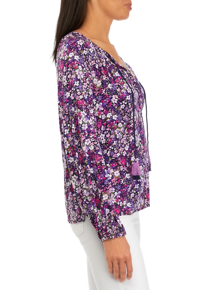 Petite 3/4 Sleeve Ruffle Neck Printed Top