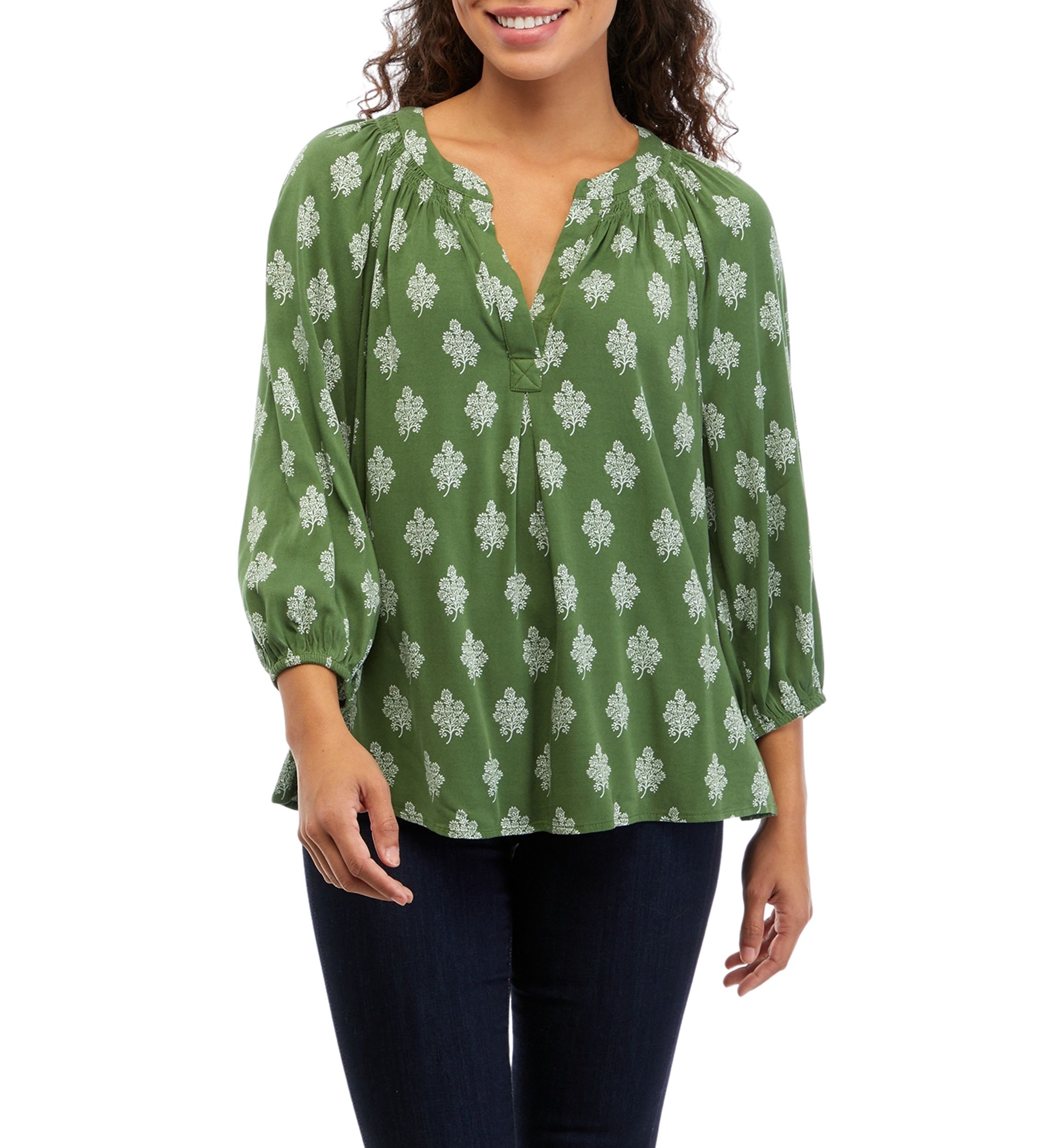 Petite 3/4 Sleeve Printed Peasant Top