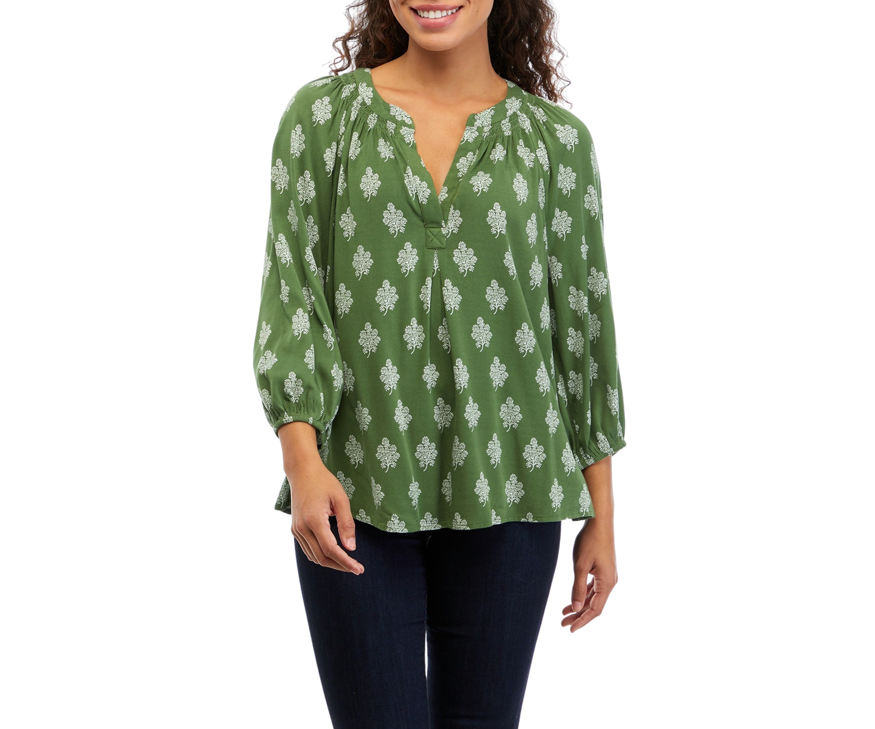 Petite 3/4 Sleeve Printed Peasant Top
