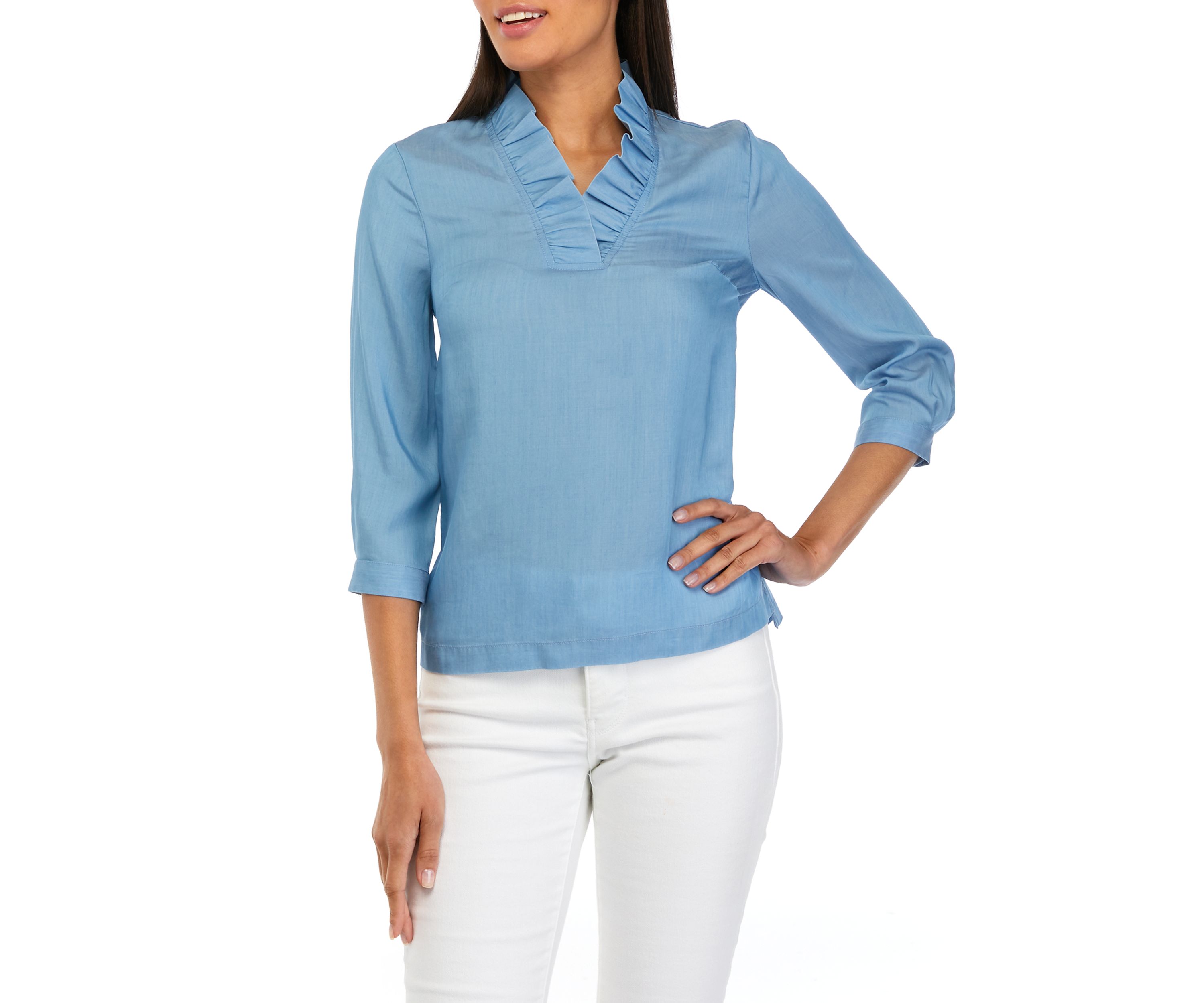Petite 3/4 Sleeve Ruffle Neck Top 