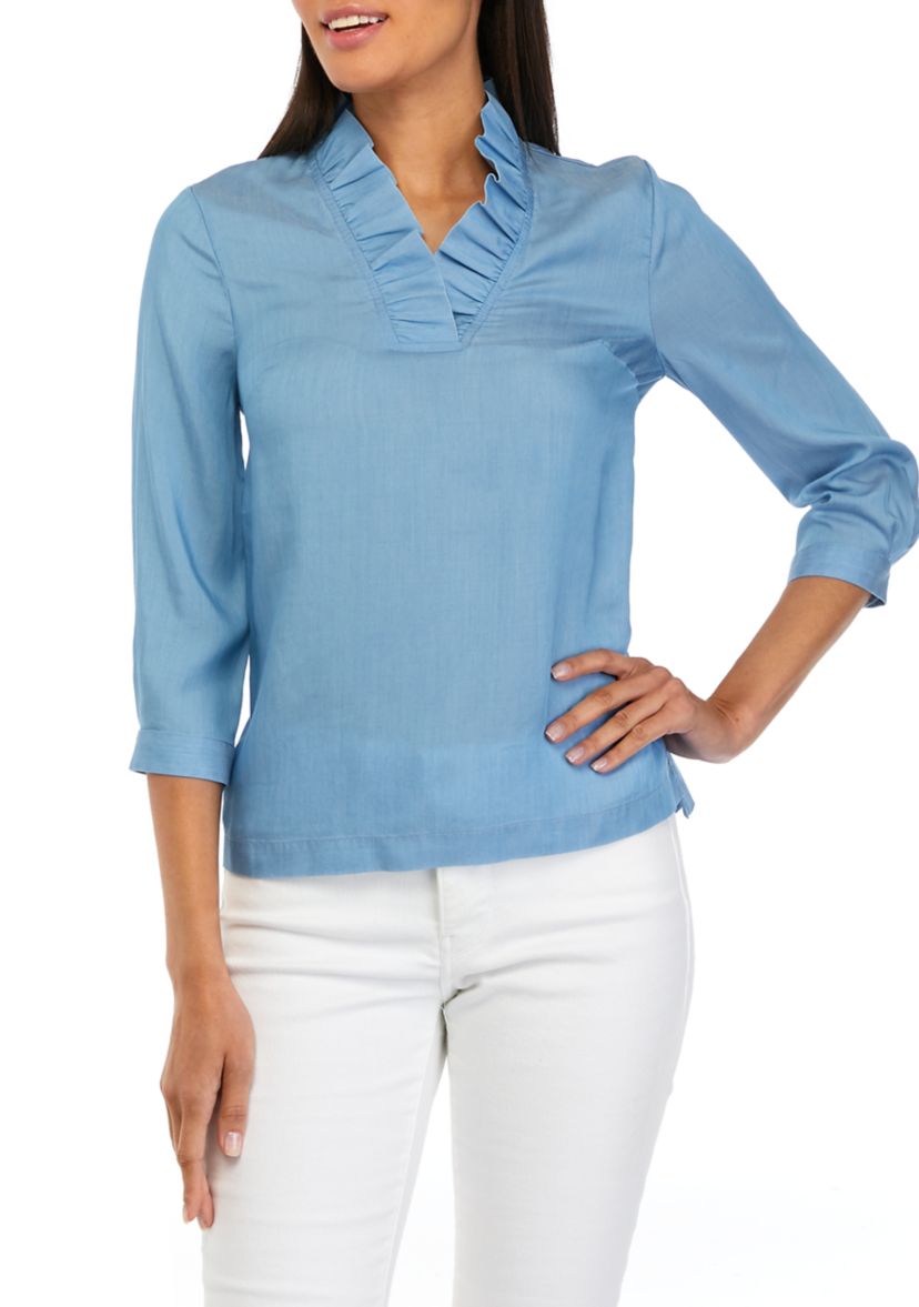 Petite 3/4 Sleeve Ruffle Neck Top 