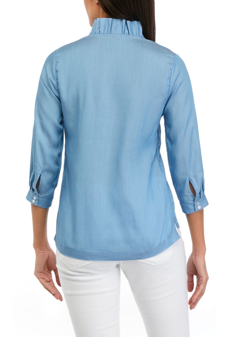 Petite 3/4 Sleeve Ruffle Neck Top 