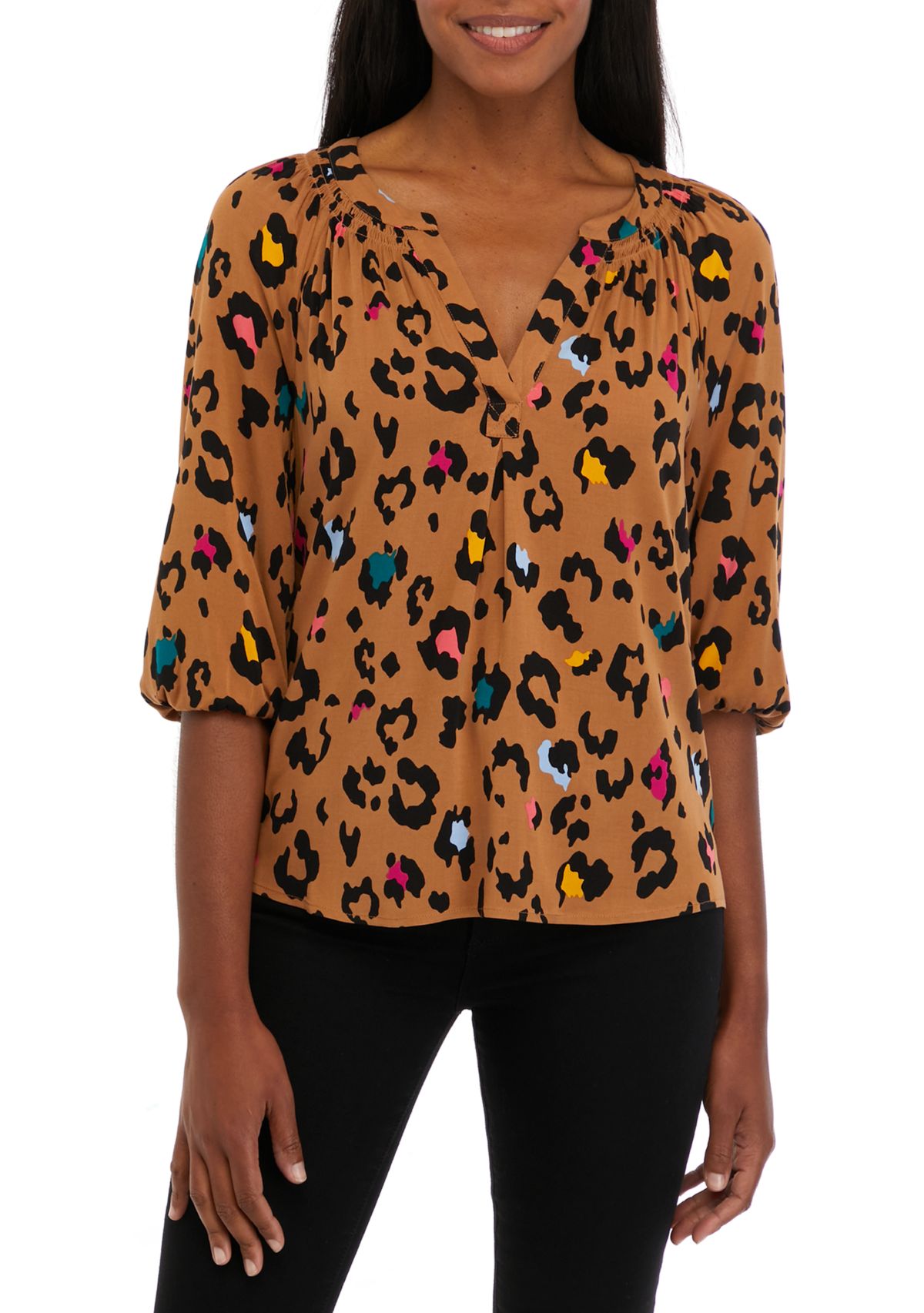 Petite 3/4 Sleeve Printed Peasant Top