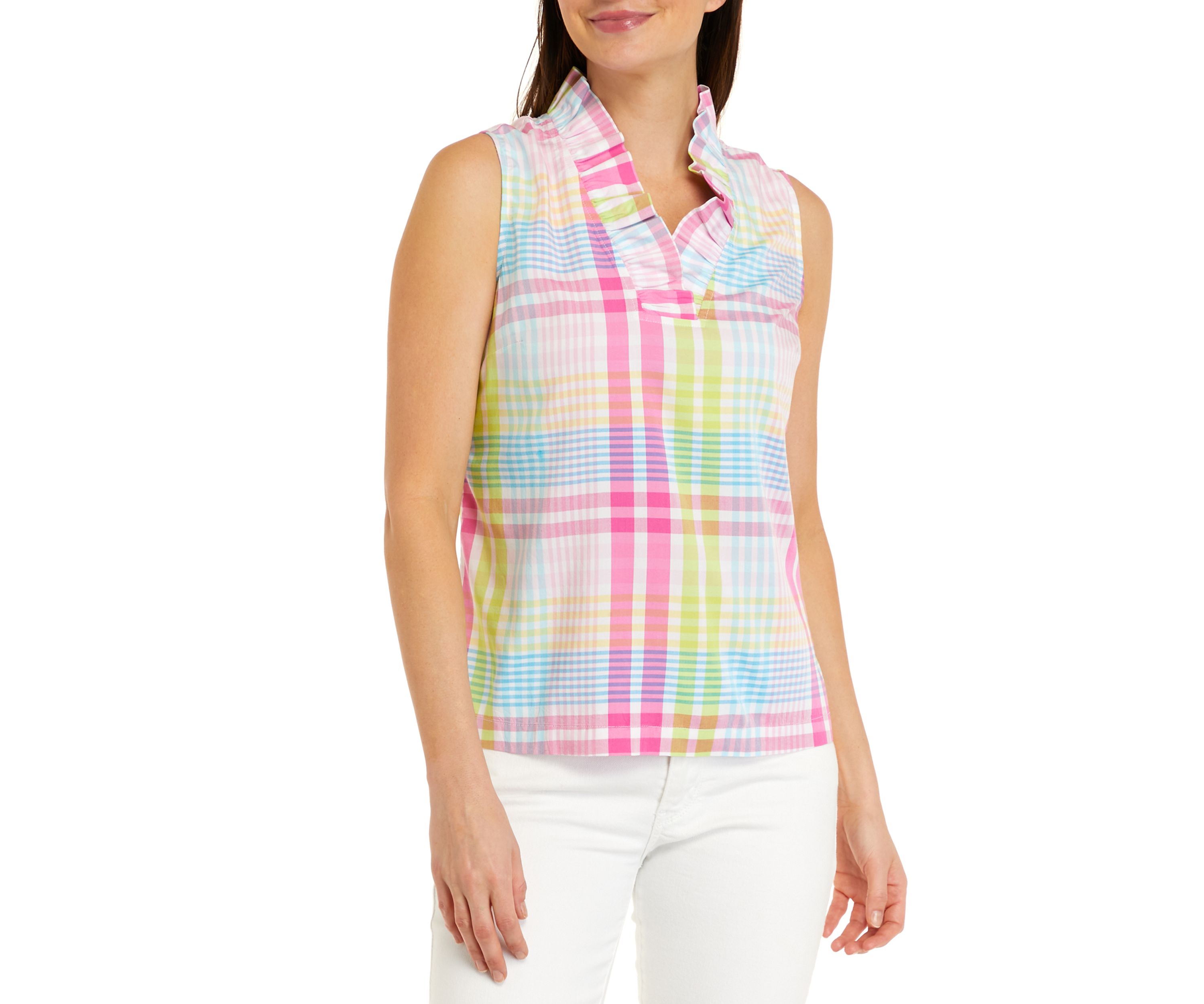 Petite Sleeveless Ruffle Neck Plaid Top