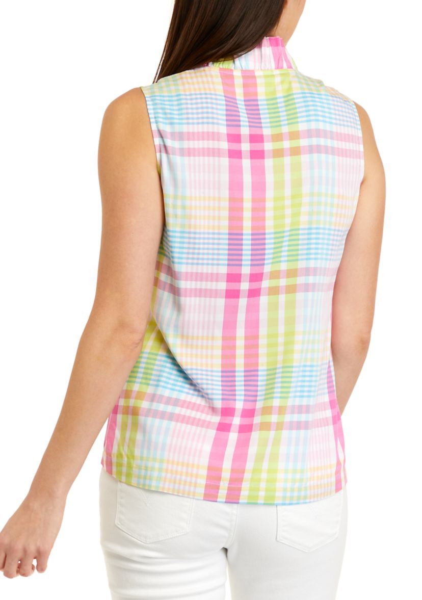 Petite Sleeveless Ruffle Neck Plaid Top
