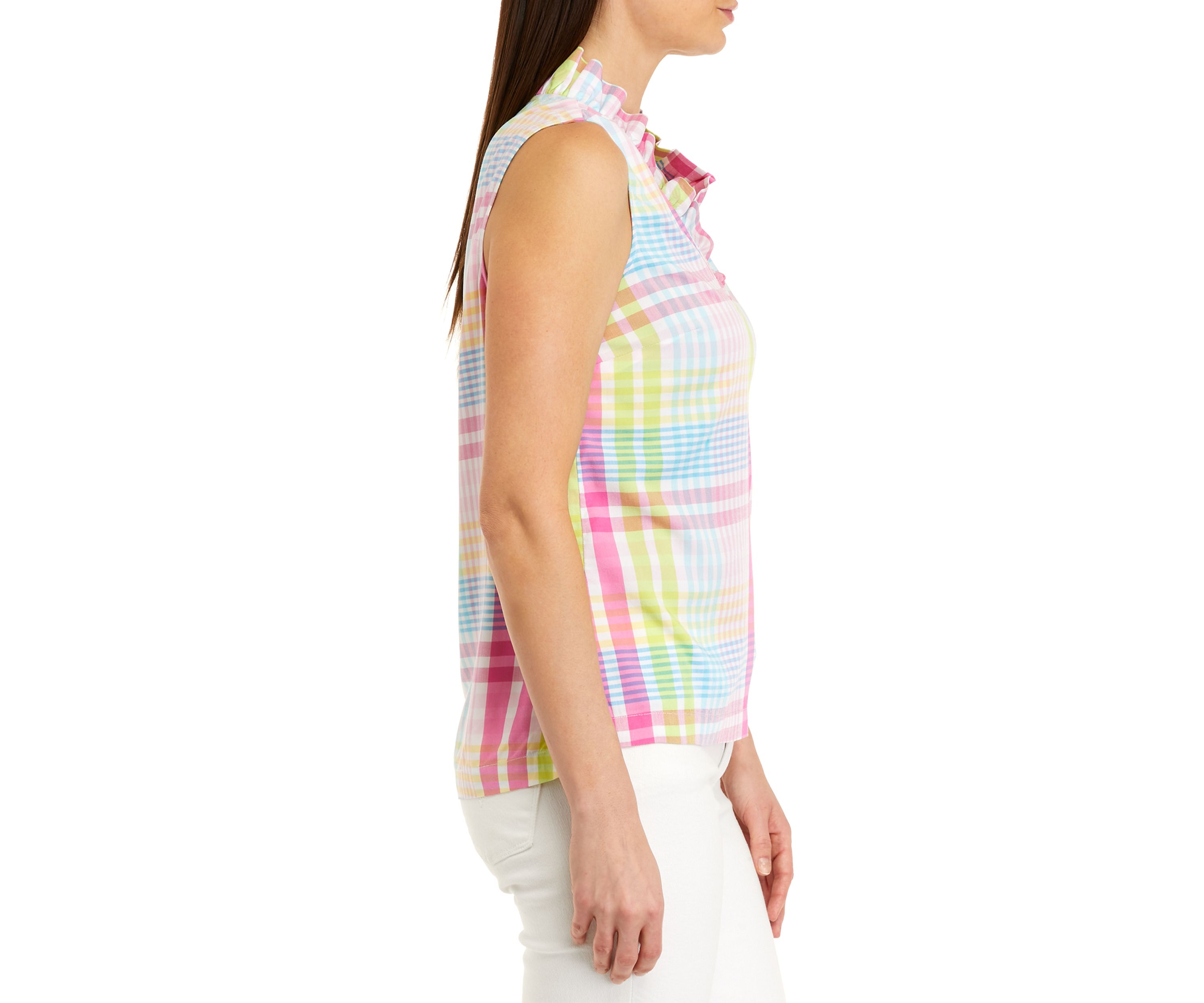 Petite Sleeveless Ruffle Neck Plaid Top