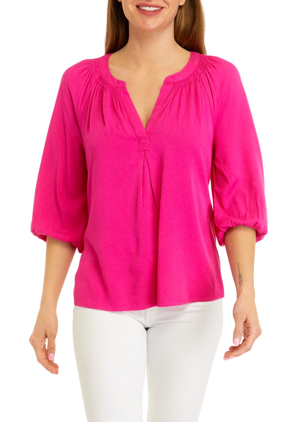 Petite 3/4 Sleeve Solid Peasant Top 