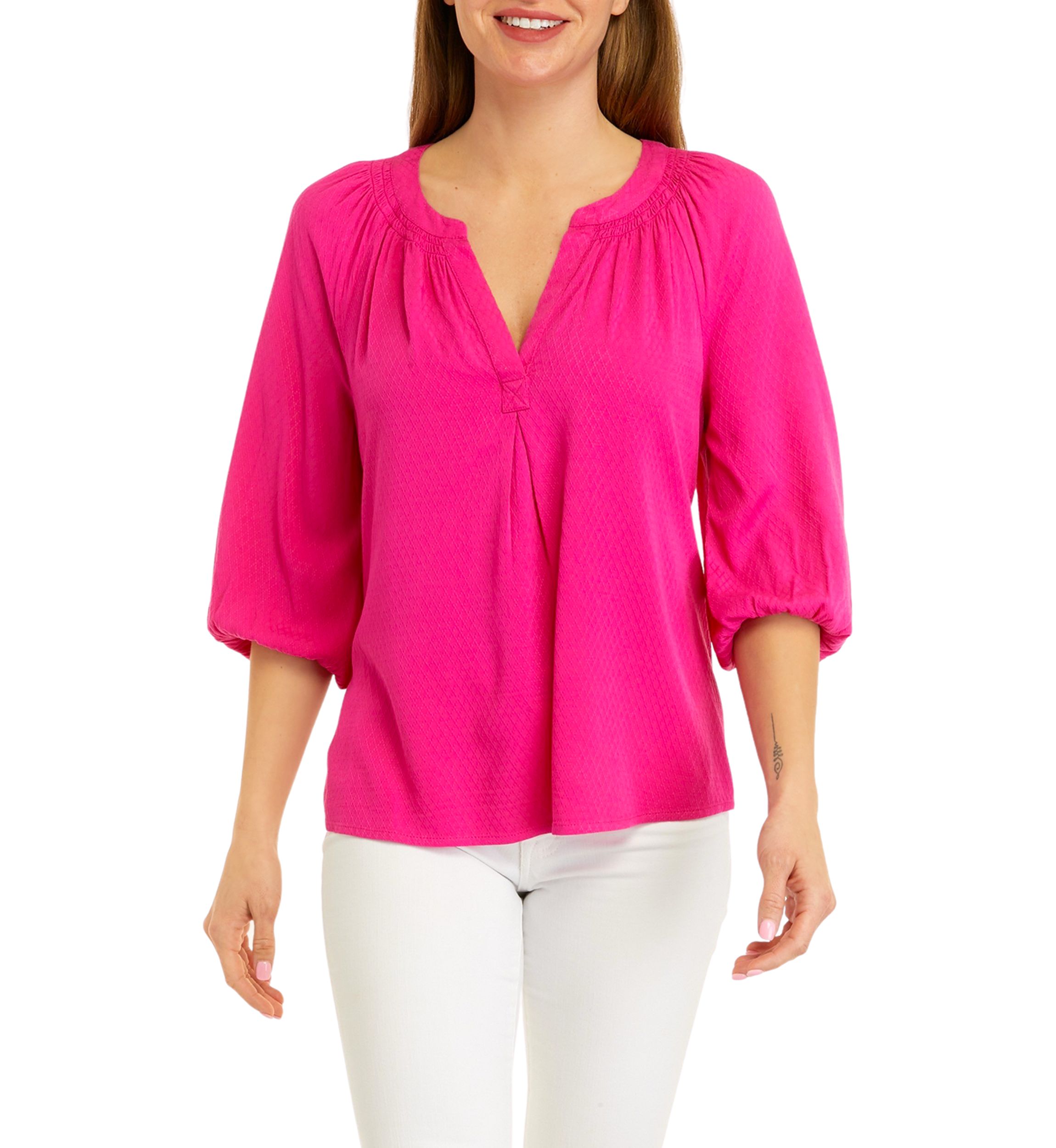 Petite 3/4 Sleeve Solid Peasant Top 