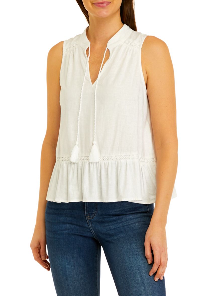 Petite Sleeveless Crochet Peasant Top