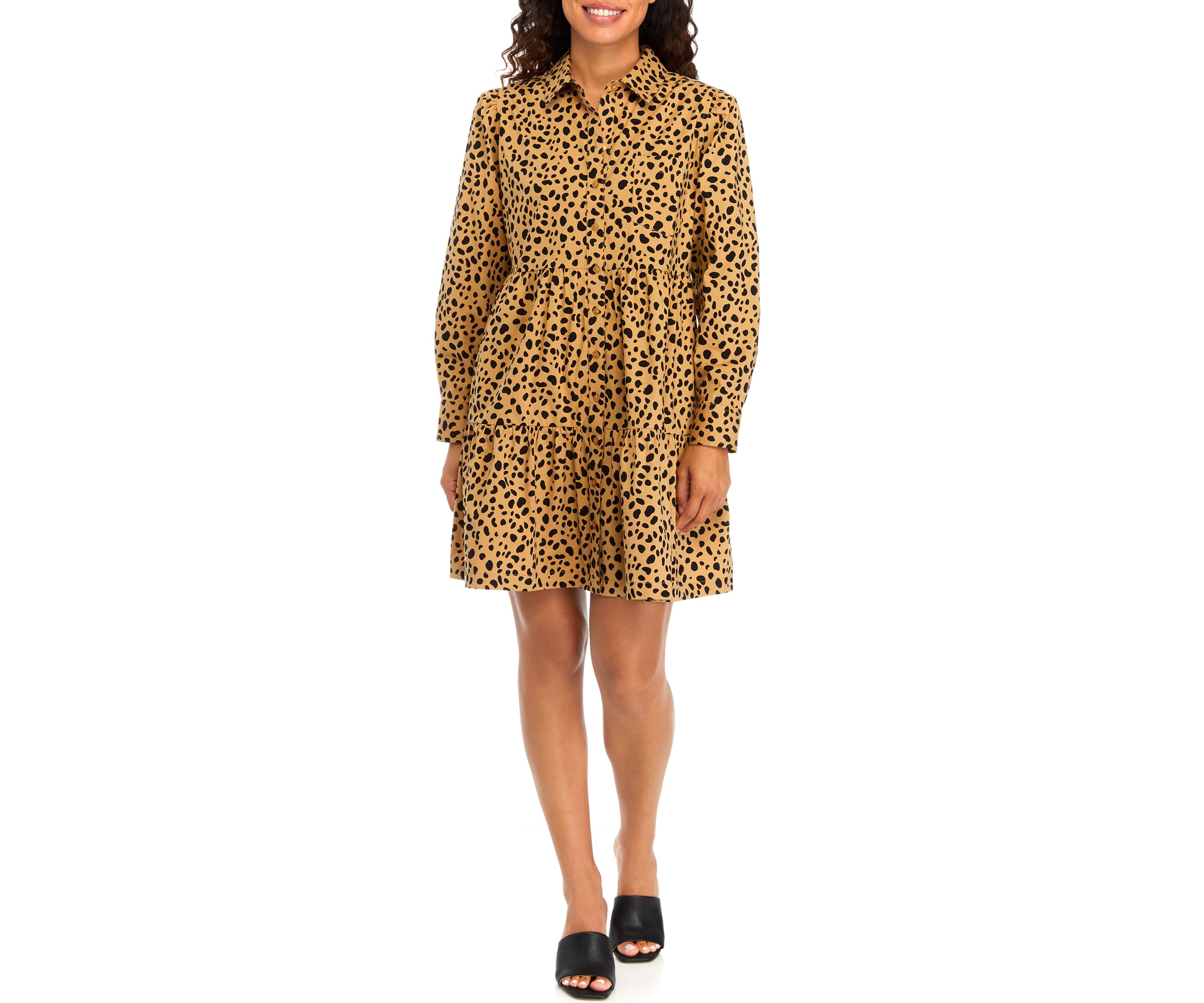 Petite Long Sleeve Printed Boyfriend Shirtdress 