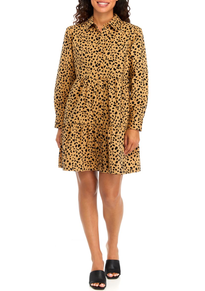 Petite Long Sleeve Printed Boyfriend Shirtdress 