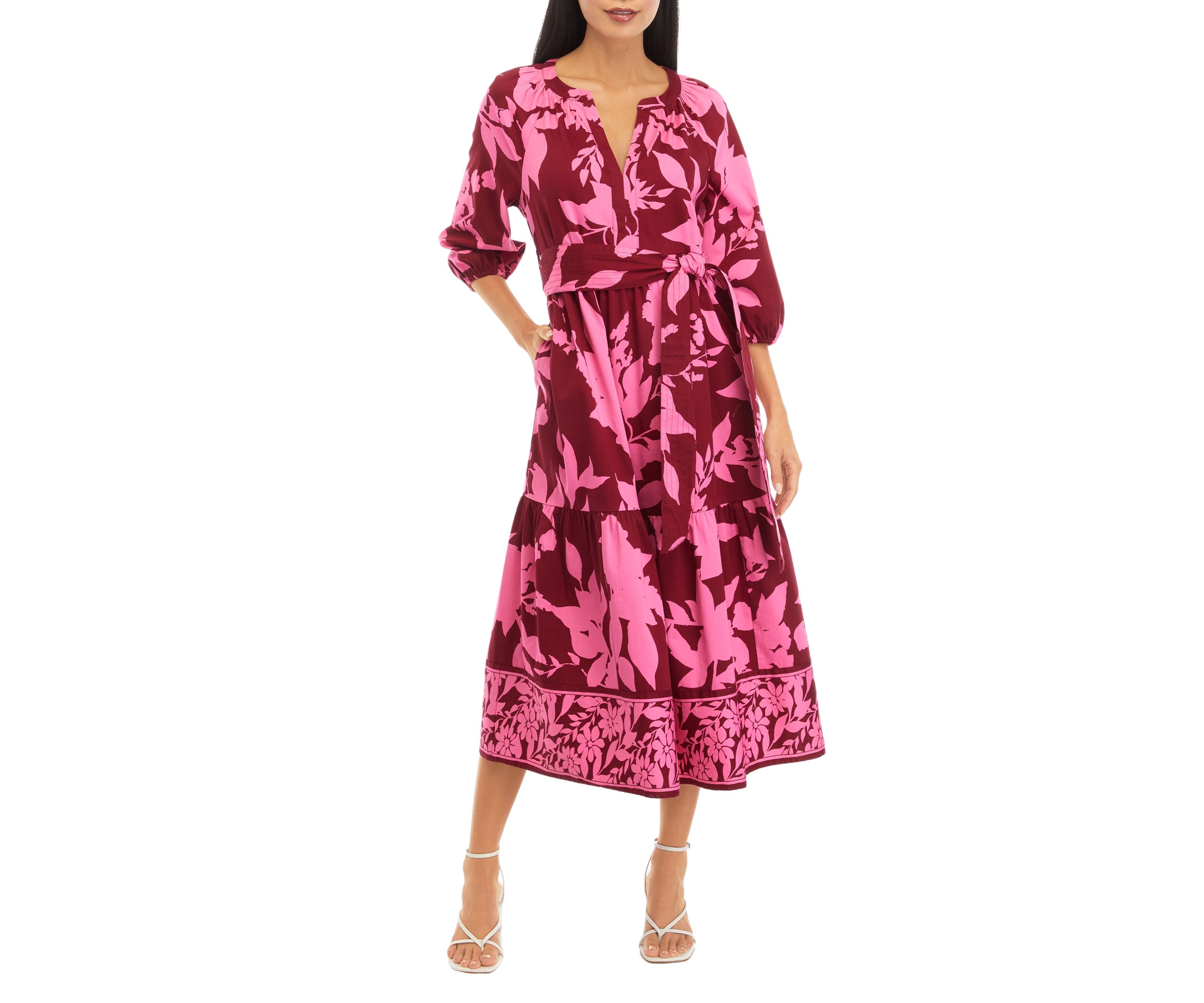 Petite 3/4 Sleeve Printed Peasant Dress