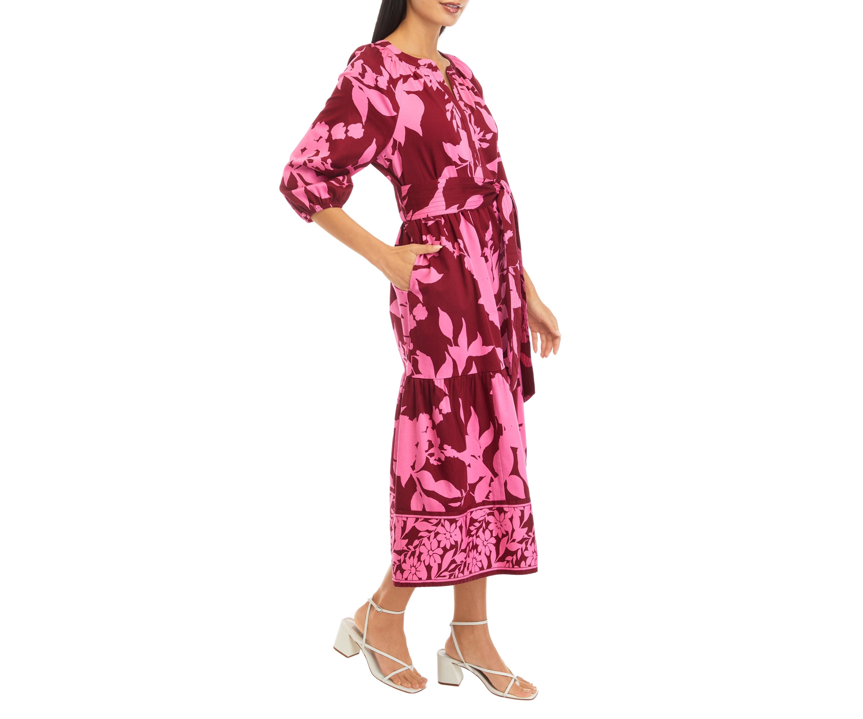 Petite 3/4 Sleeve Printed Peasant Dress