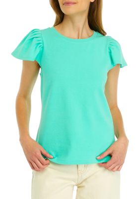 Crown & Ivy Women's Petite Flutter Sleeve Ribbed T-Shirt, PXL -  0480022214782