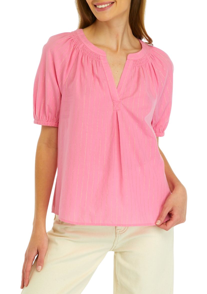 Petite Puff Sleeve Split Neck Peasant Top 