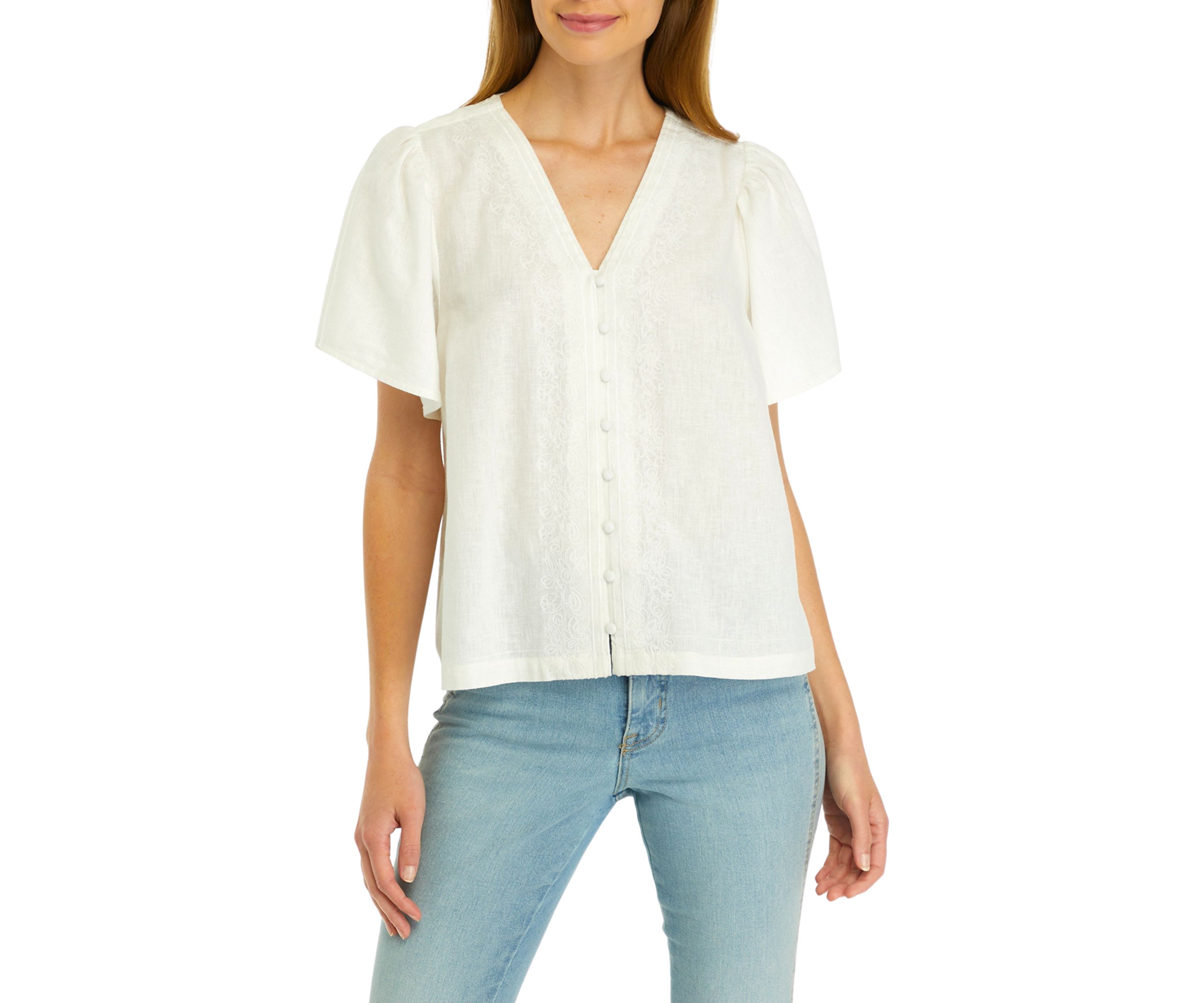 Petite Flutter Sleeve Embroidered Top
