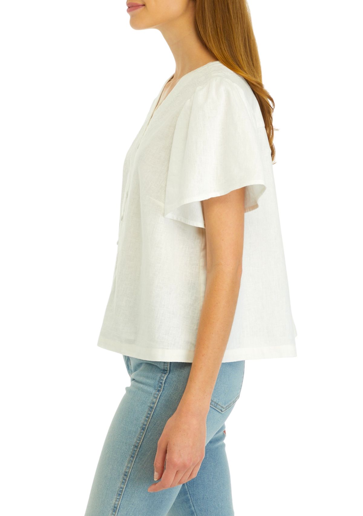 Petite Flutter Sleeve Embroidered Top