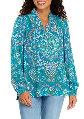 Crown & Ivy Women's Petite Long Sleeve Ruffle Neck Printed Top, Teal, PXL