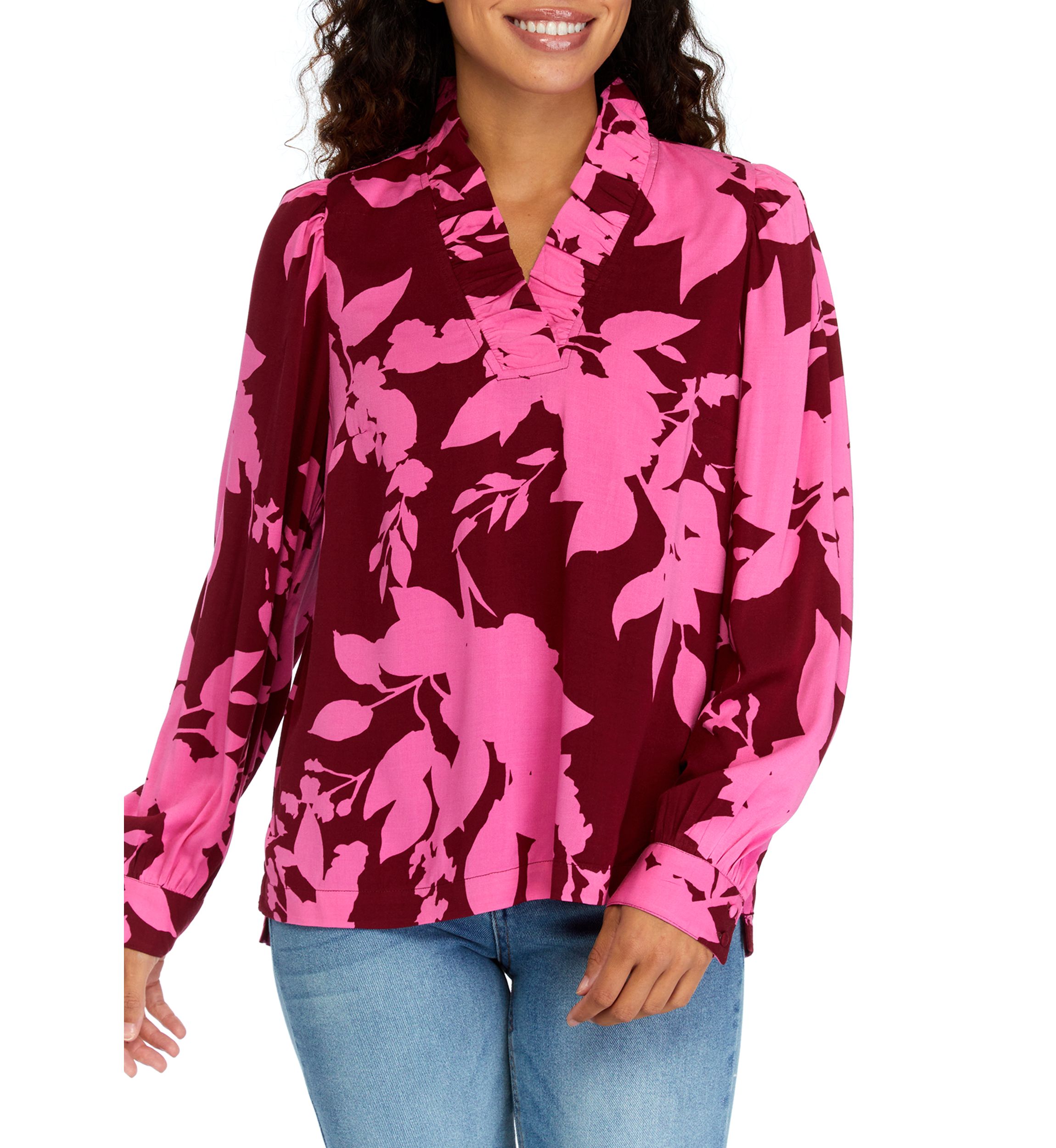 Petite Long Sleeve Ruffle Neck Printed Top 