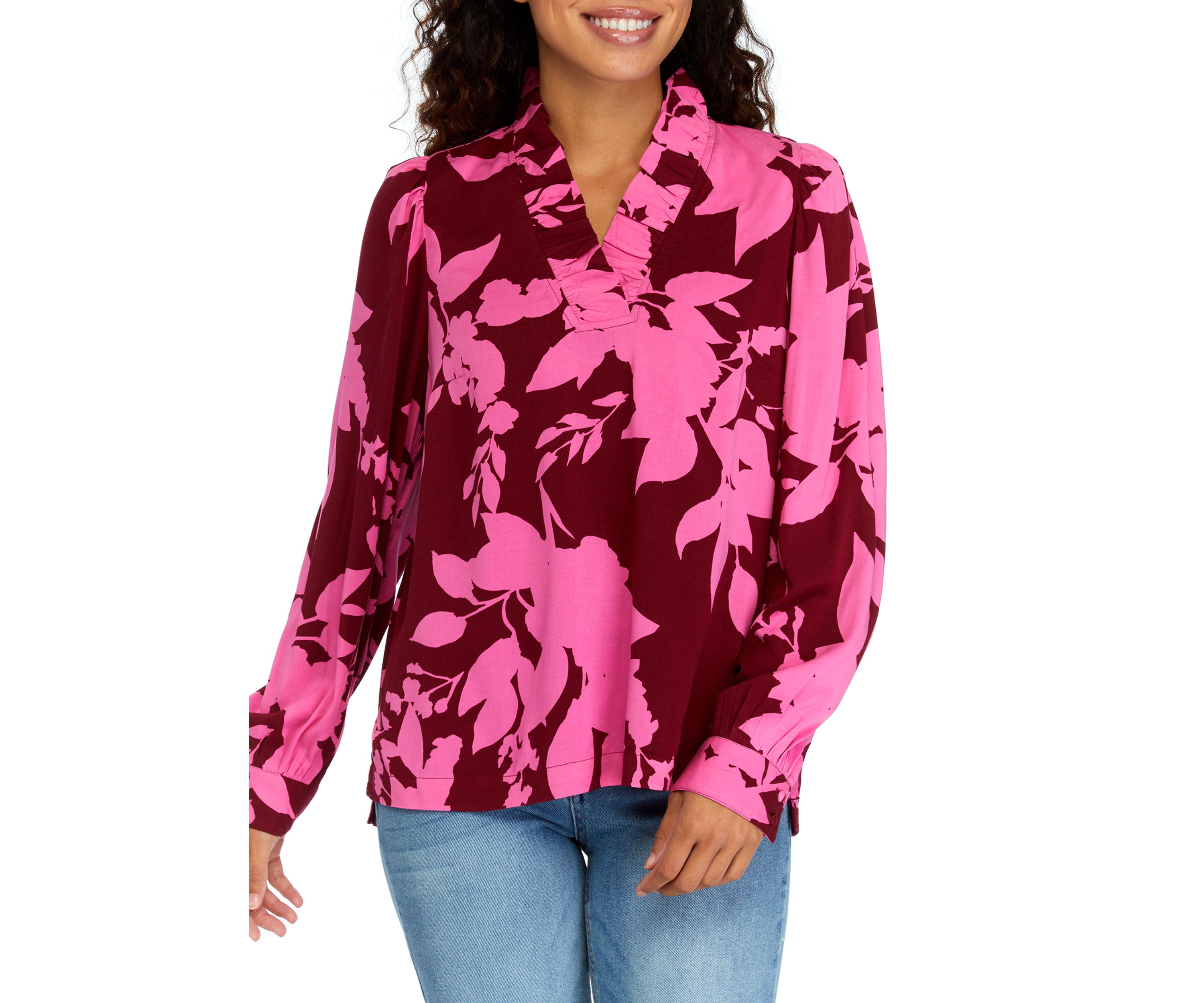 Petite Long Sleeve Ruffle Neck Printed Top 