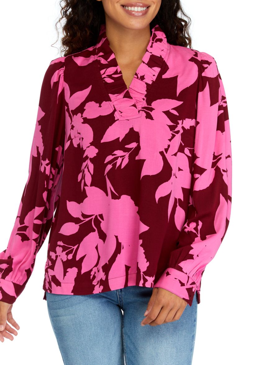 Petite Long Sleeve Ruffle Neck Printed Top 