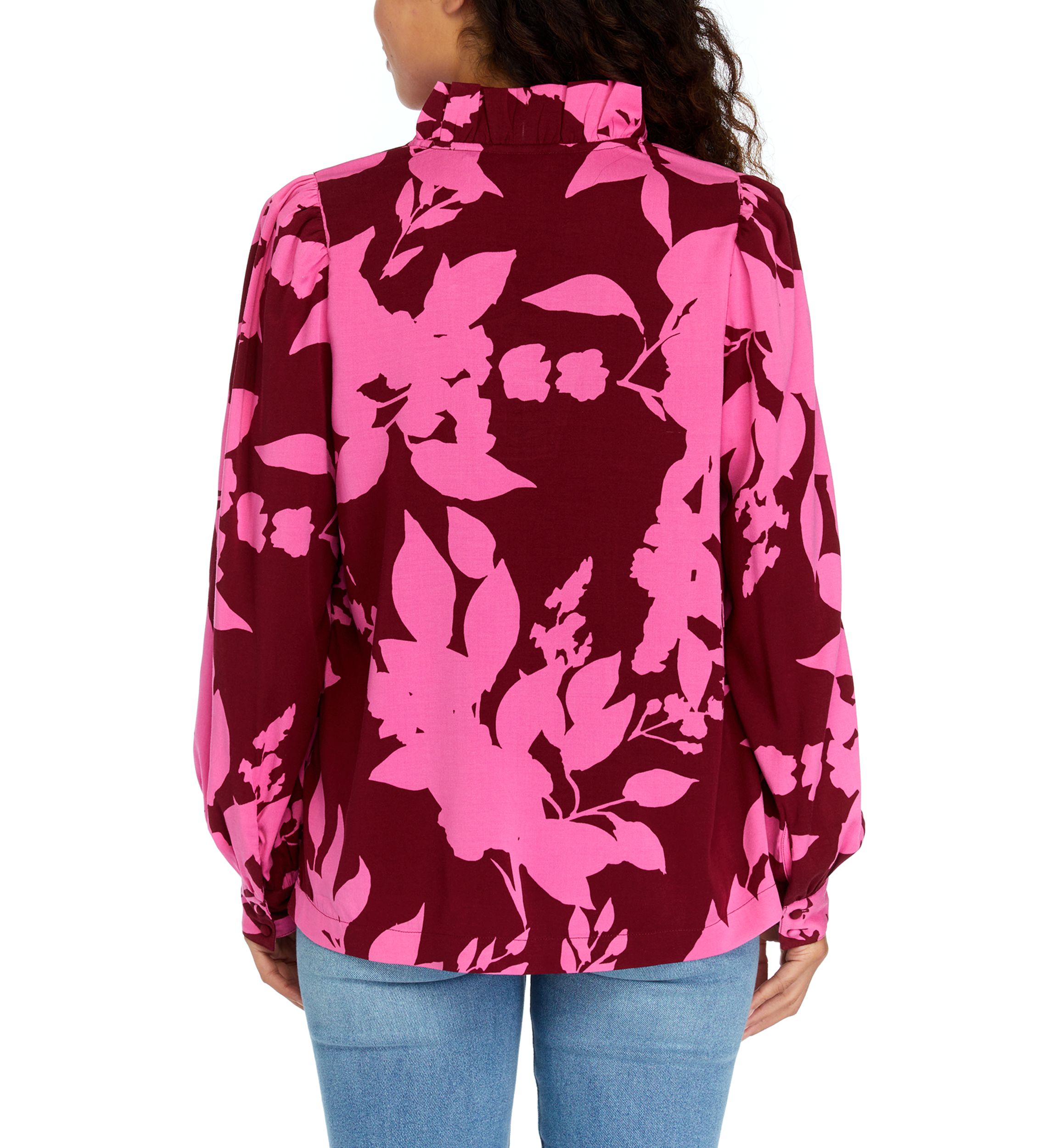 Petite Long Sleeve Ruffle Neck Printed Top 