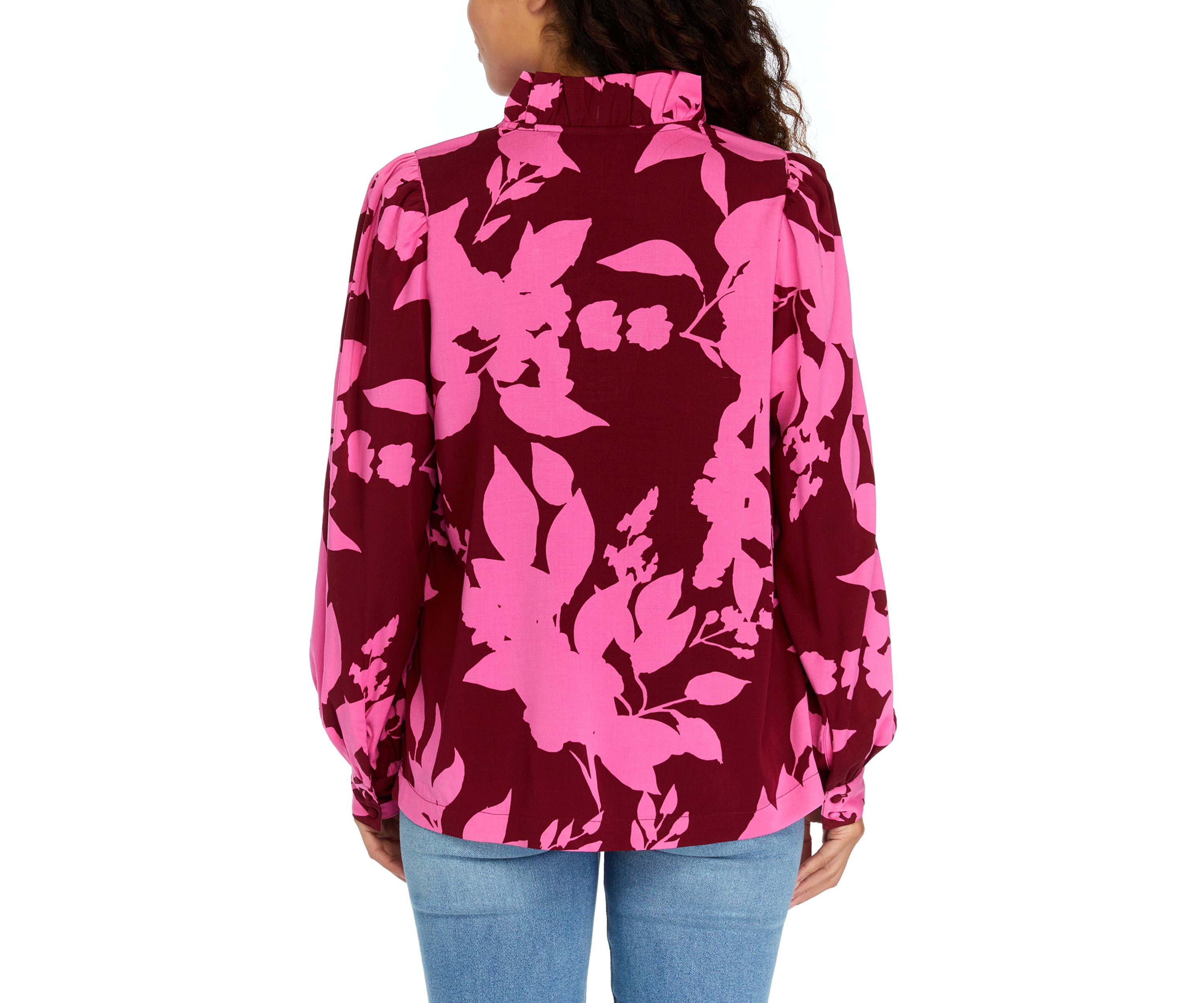 Petite Long Sleeve Ruffle Neck Printed Top 