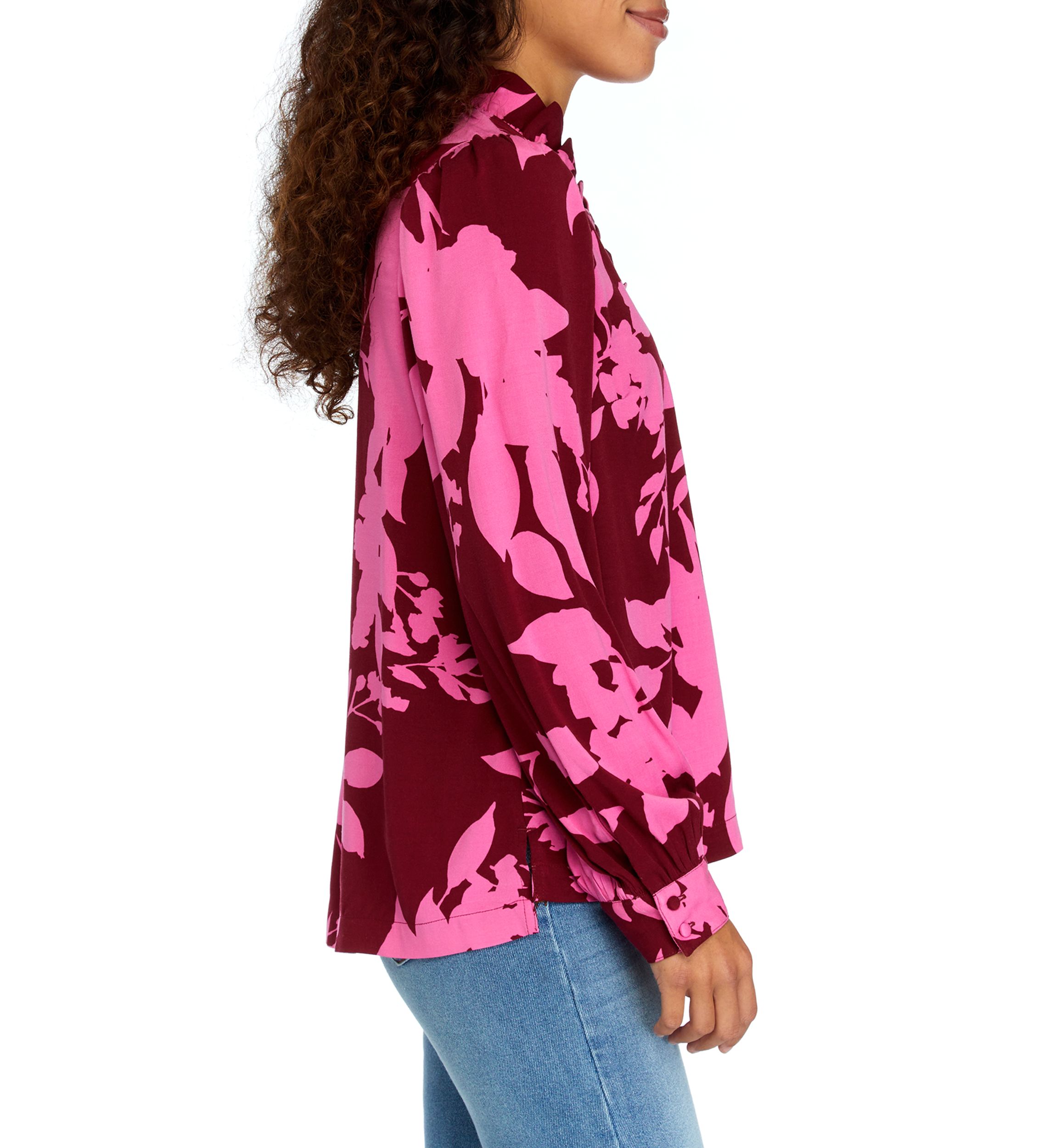 Petite Long Sleeve Ruffle Neck Printed Top 
