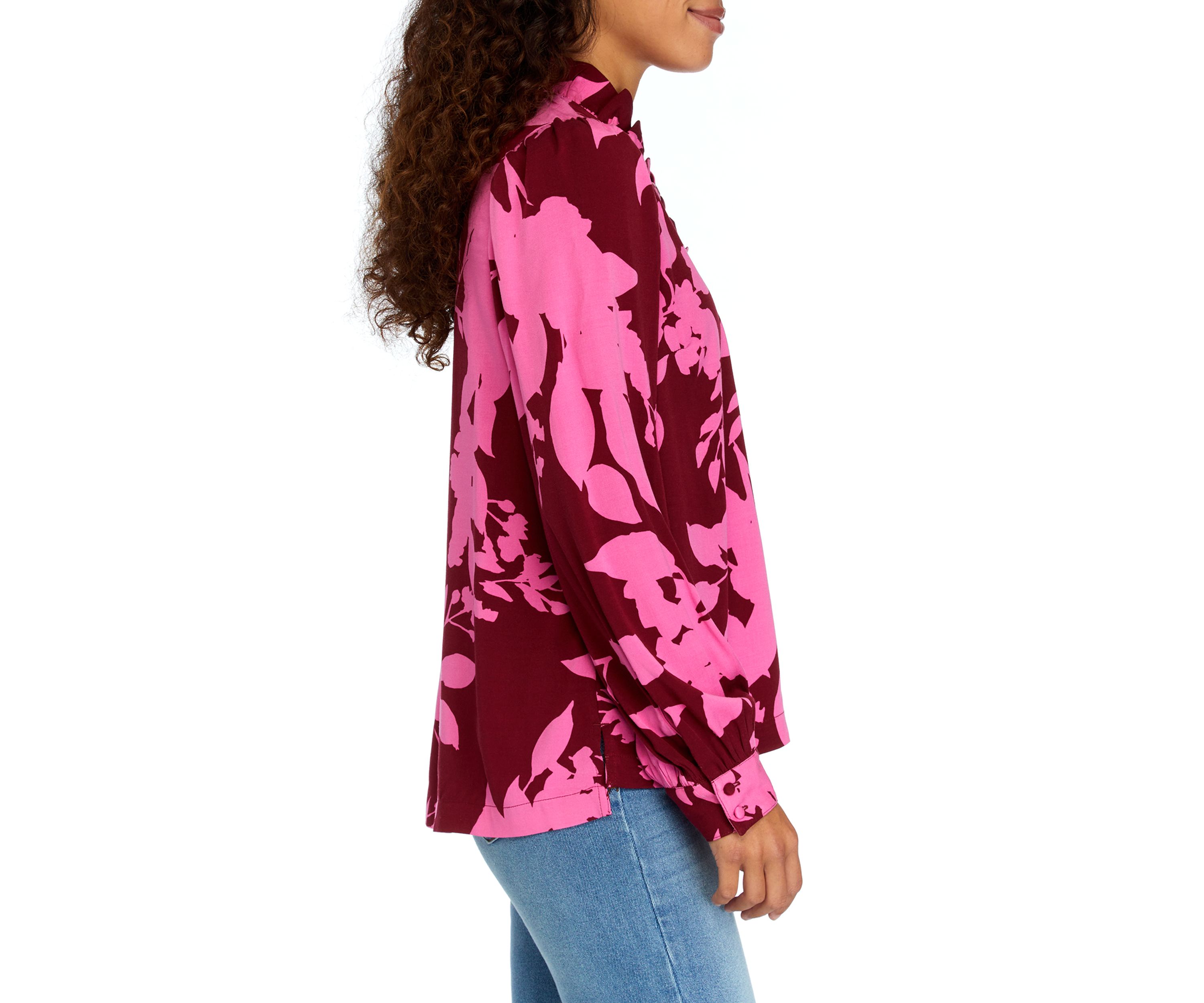 Petite Long Sleeve Ruffle Neck Printed Top 