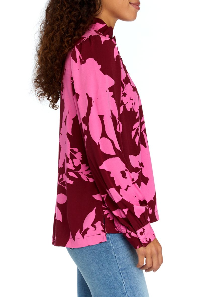 Petite Long Sleeve Ruffle Neck Printed Top 