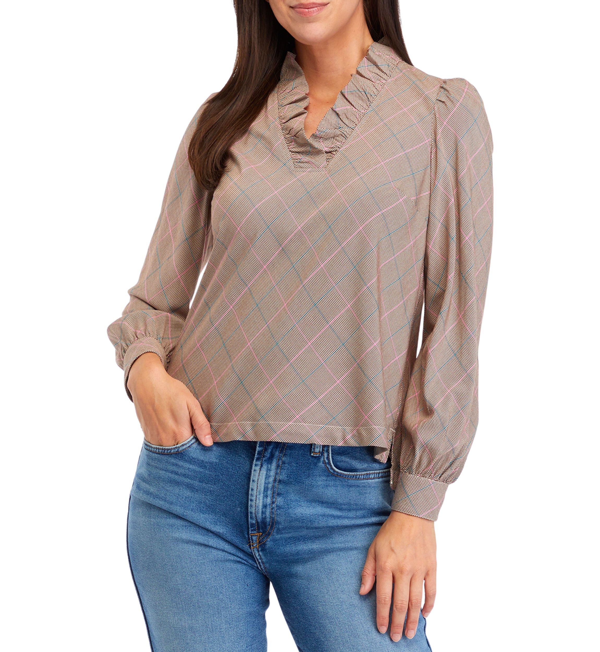 Petite Ruffle V-Neck Plaid Top