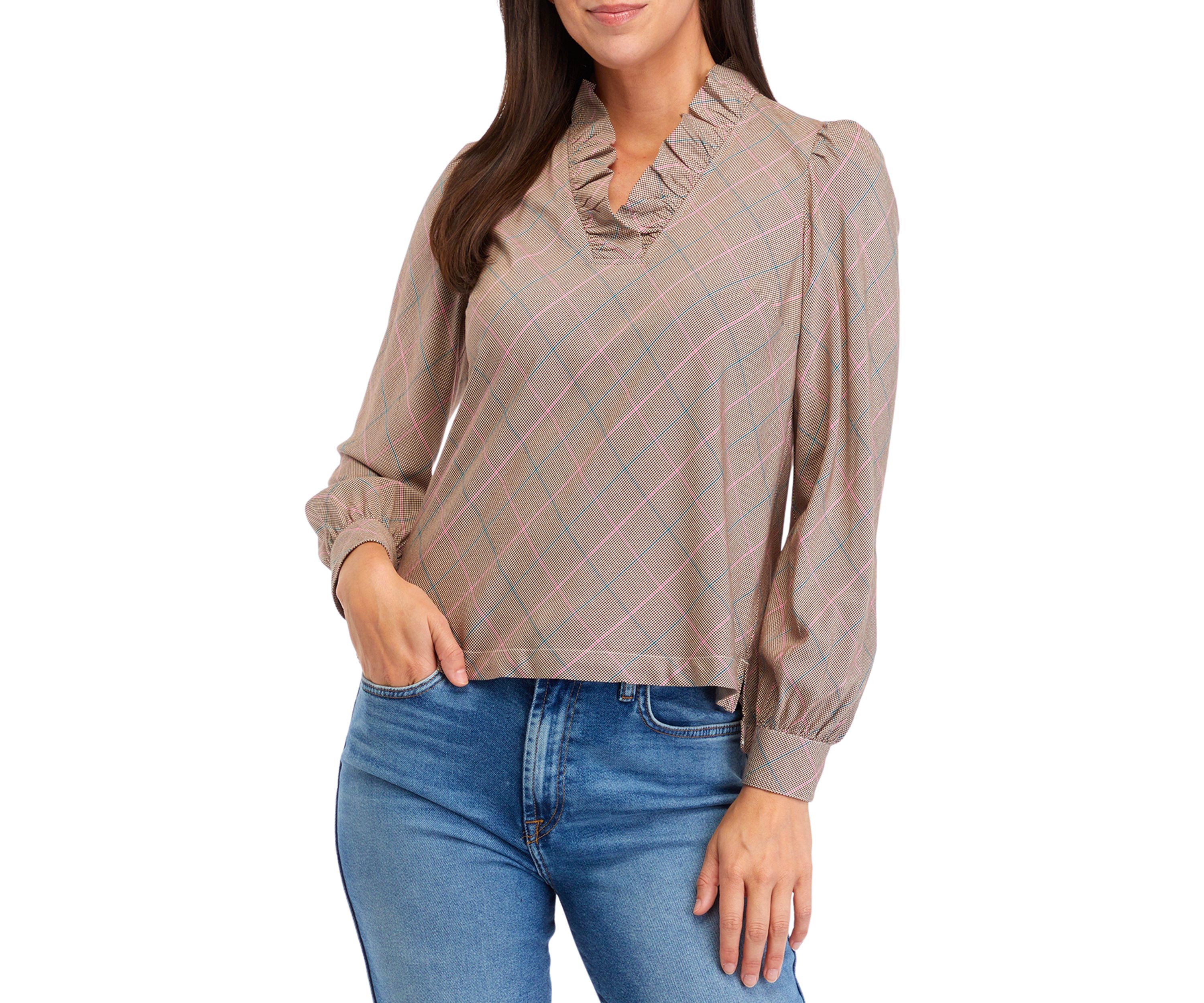 Petite Ruffle V-Neck Plaid Top