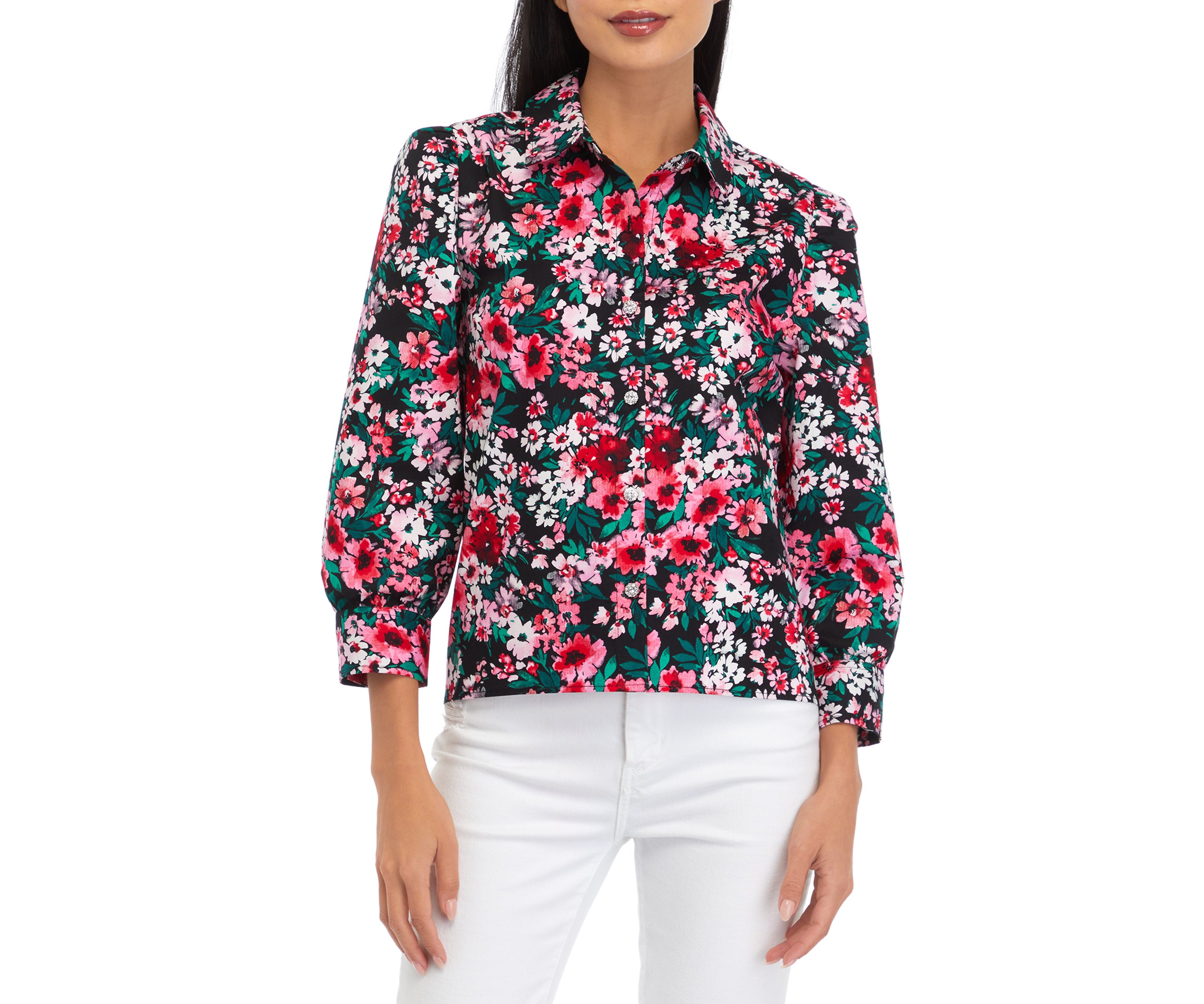 Petite Blouson Sleeve Floral Button Down Shirt 