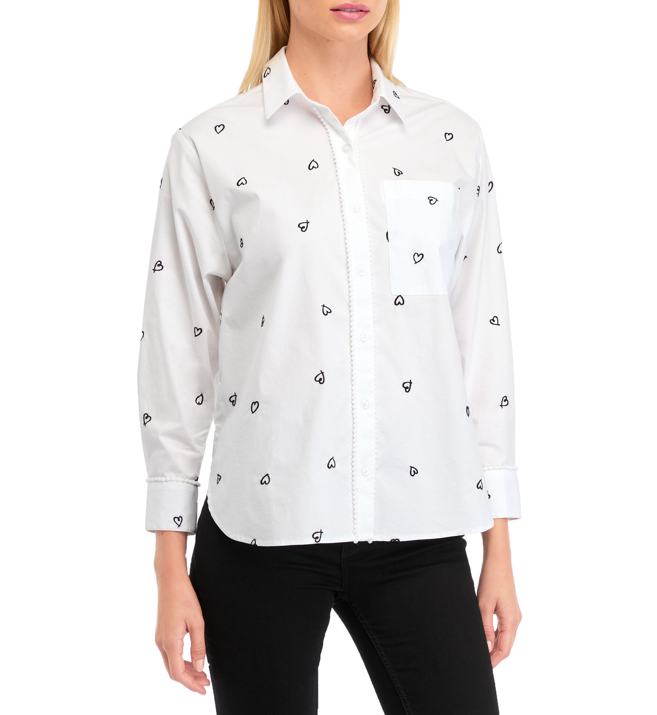 Petite Long Sleeve Button Up Embroidery Tunic Top 