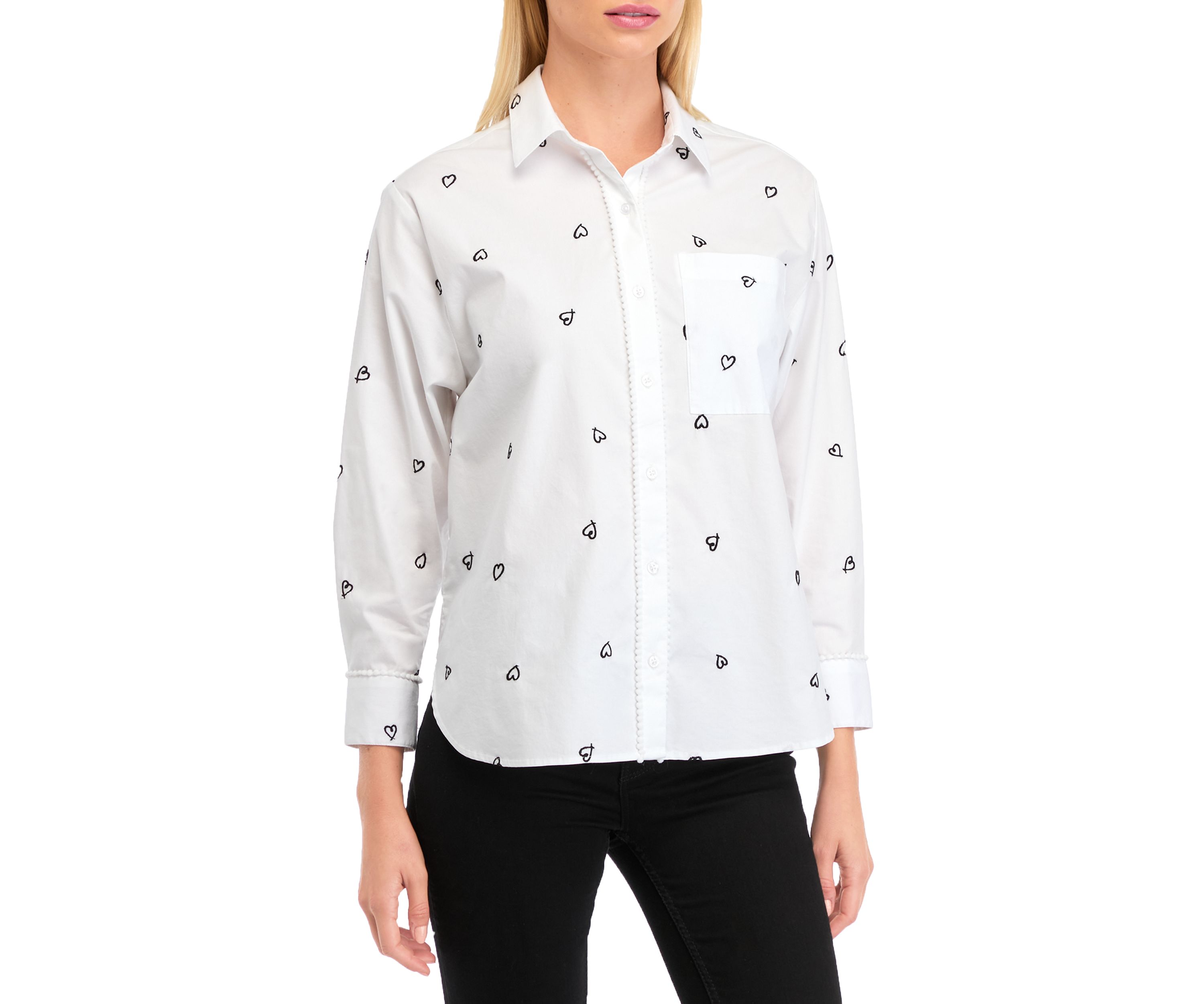 Petite Long Sleeve Button Up Embroidery Tunic Top 